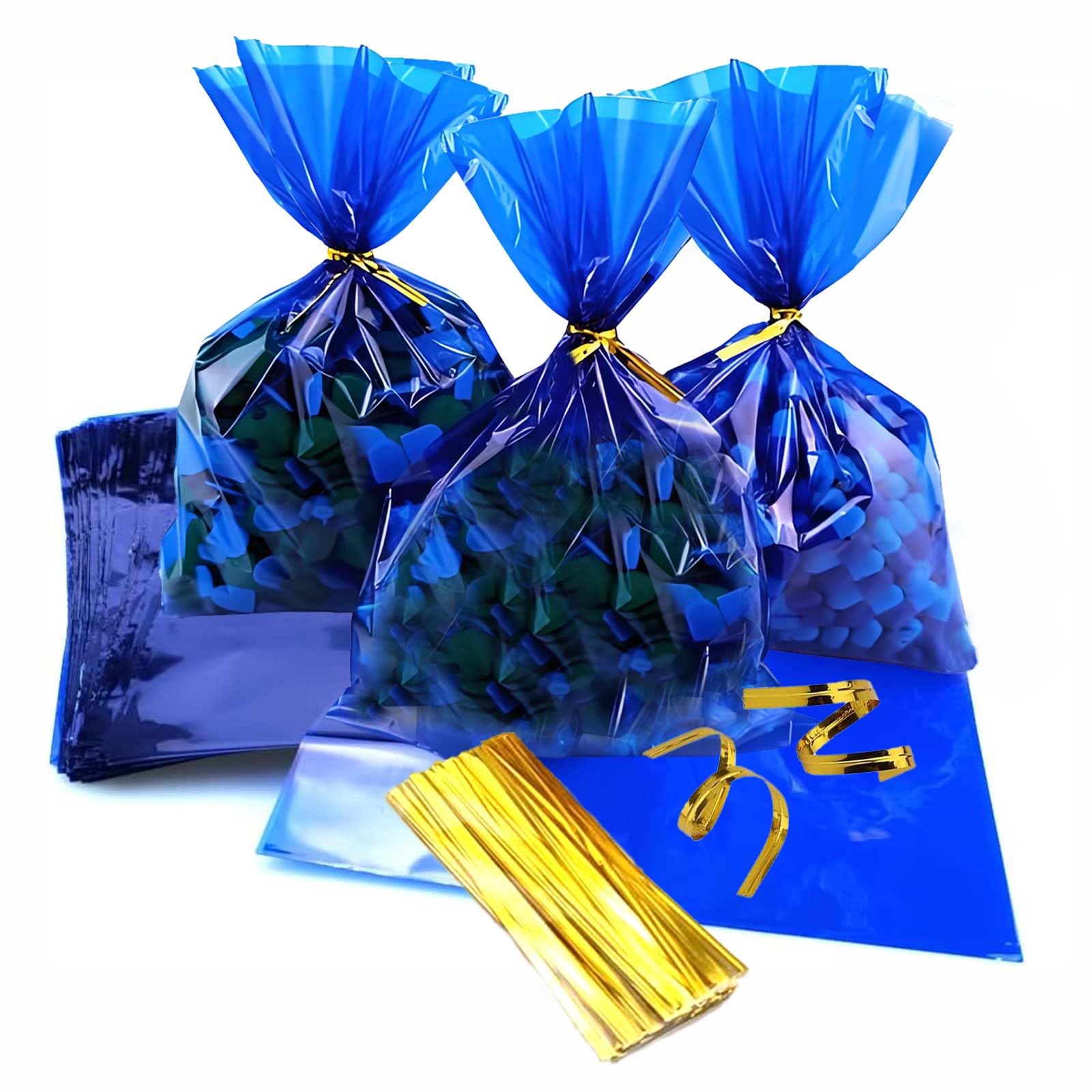 prxififeq Blue Cellophane Treat Bags with Gold Twist Ties, 100PC 6x9 Inch Clear Cellophane Bags for Candy,Cookies Treats and Gifts,Party Supplies