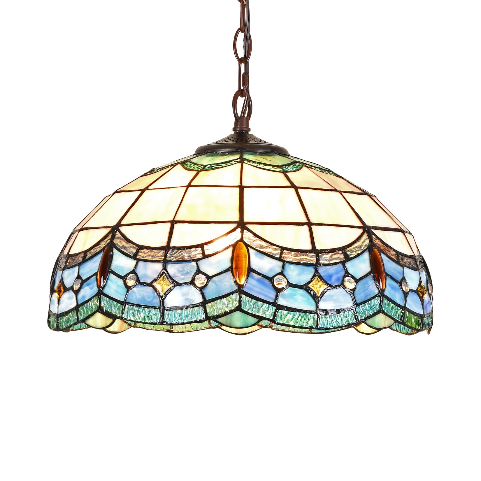 VOPHEE Tiffany Pendant Light Fixture Stained Glass Hanging Lamp Wide 16 Inch, Victorian Antique Style Blue Ceiling Lighting for Kitchen Island Living&Dining Room Hallway Counter