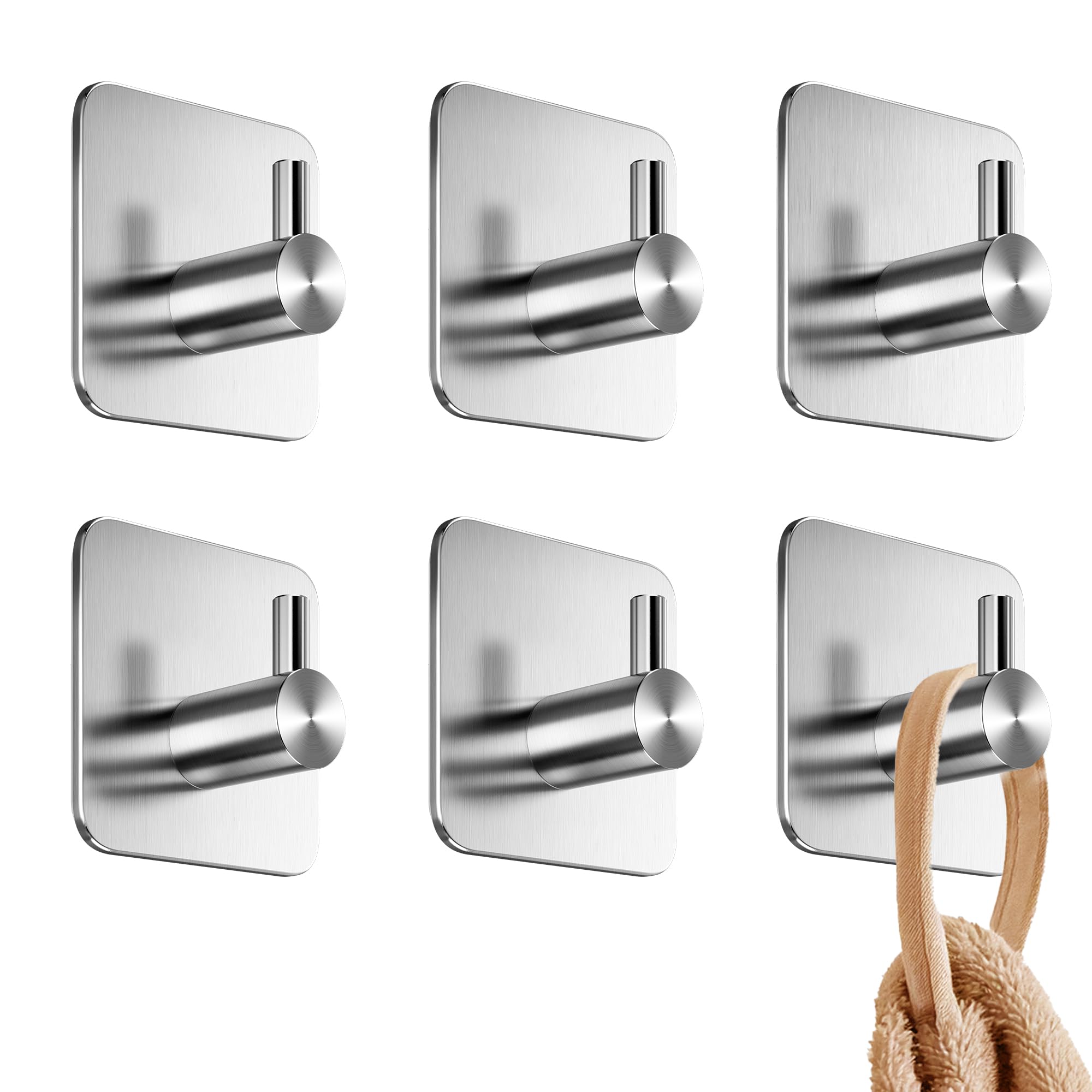 Adhesive Towel Hooks for Bathrooms, Set of 6 - Stainless Steel Self-Adhesive Robe Rack, Durable Adhesive Wall Hooks - Sticky Towel Holder, Peel and Stick Without Drilling