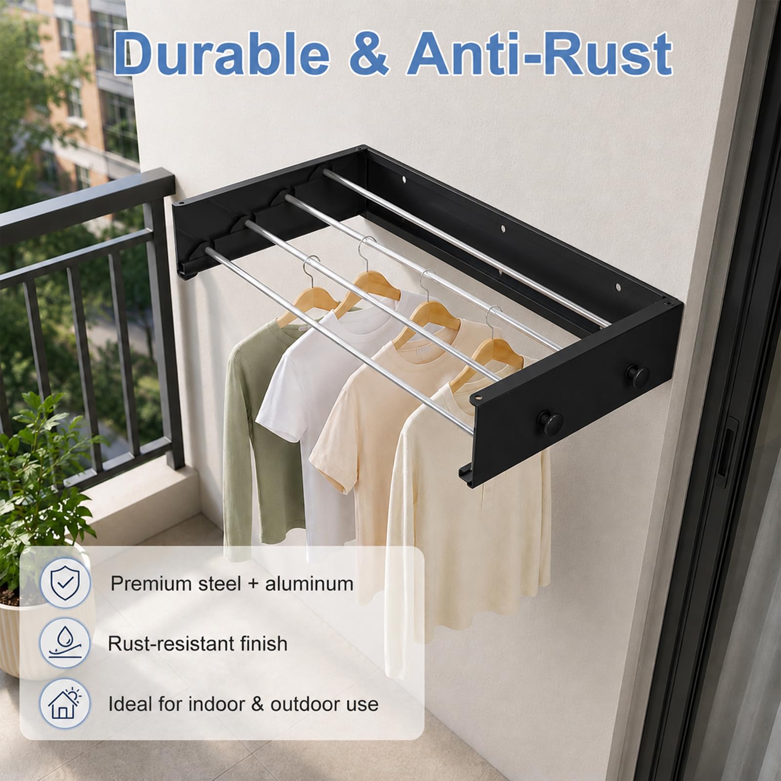Stendibiancheria da parete, con gancio di aggiornamento, semplice stendibiancheria da parete, pieghevole, per interni o esterni, per balcone (60 cm con 4 ganci, nero)