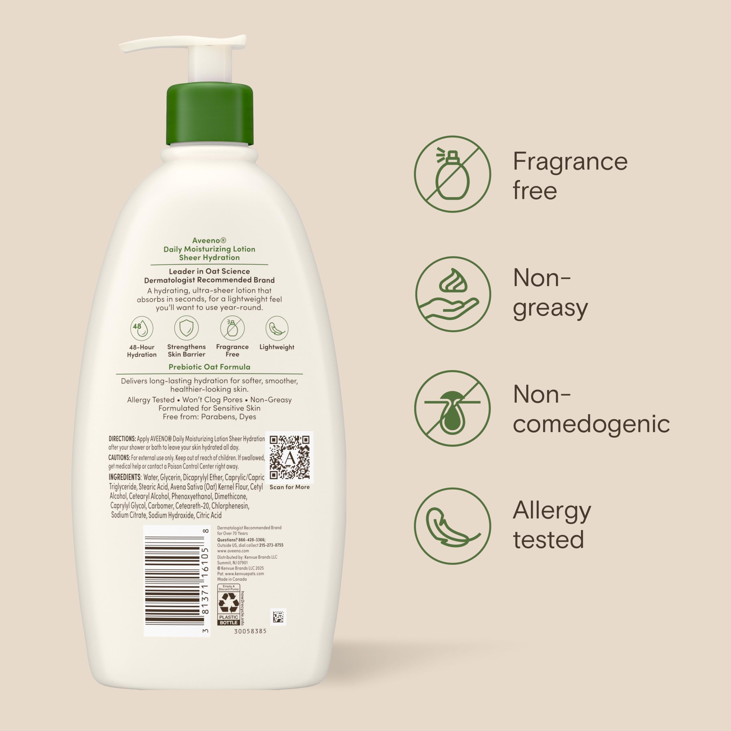 Aveeno Codzienny nawilżający balsam do ciała do skóry suchej z prebiotykiem owsa, bez zapachu i parabenów, nietłusty, nie komedogenny, dla skóry wrażliwej i 72-godzinny krem nawilżający, 18 ml Oz
