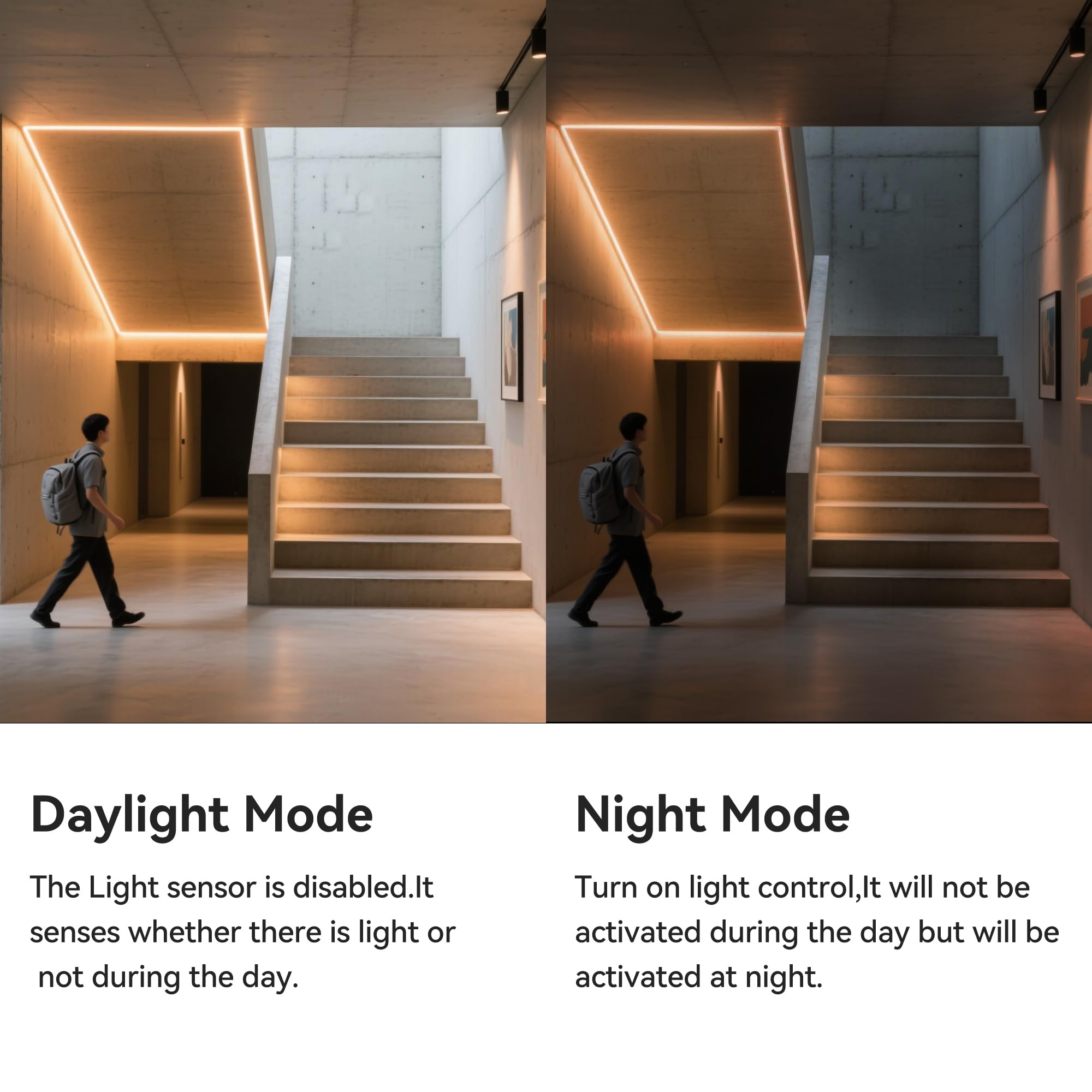 Clearhill 12V DC PIR Motion Sensor Dimmer 320LED Strip Lights,Day or Night 2 Lighting Modes,Time-delay and Brightness Adjustable,16.4FT/5M,Cool White 6500K,8mm Width,for Closet,Kitchen - Image 2