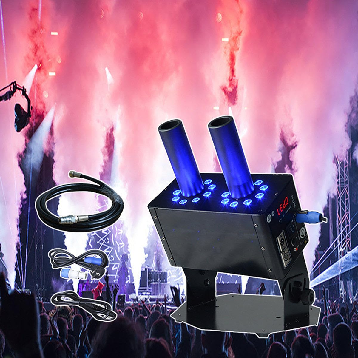 Máquina de Chorro CO2, Máquina de Humo Columna de Aire LED 18 x 3W, Cañón CO2 Doble Tubo, Altura Chorro 8-10 M, Equipo Escenario DMX512 para DJ Club Boda Fiesta Black