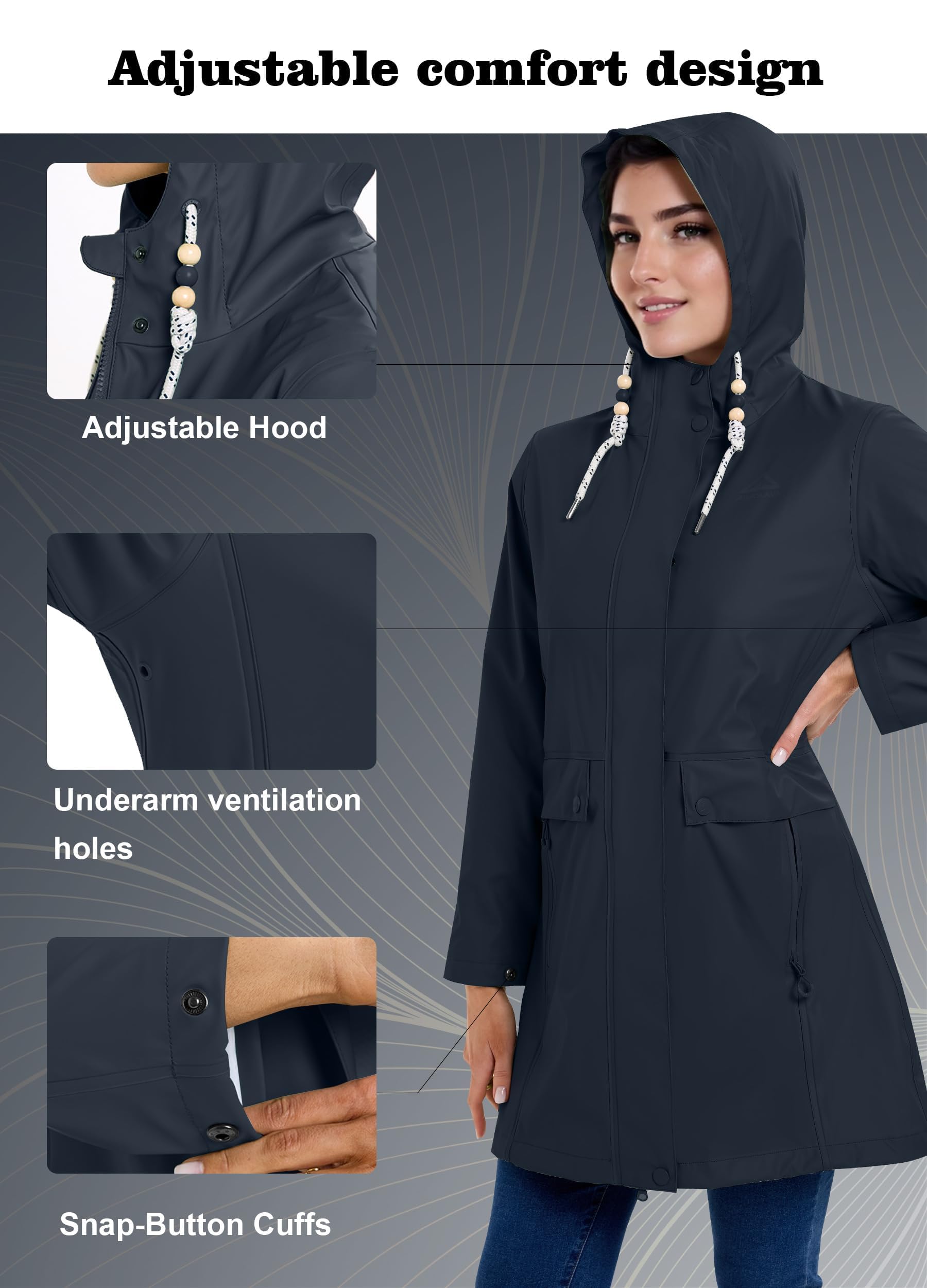 ATLASLAVA Regenjacke Damen Lang Wasserdicht Regenmantel mit Kapuze PU Trenchcoat für Outdoor Wandern Camping S-XXL