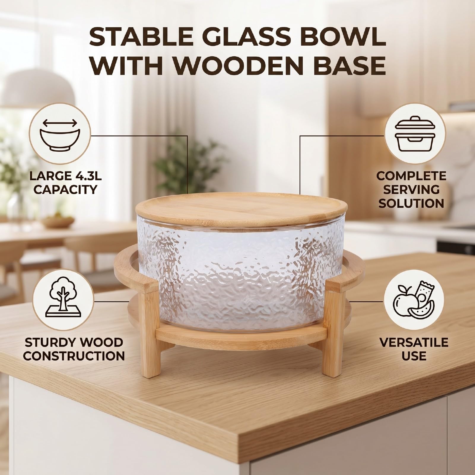Luocute Glasschüssel mit Holzboden, 4,3 L Große Salatschüssel | mit Deckel für Obst-Dessert-Partyessen