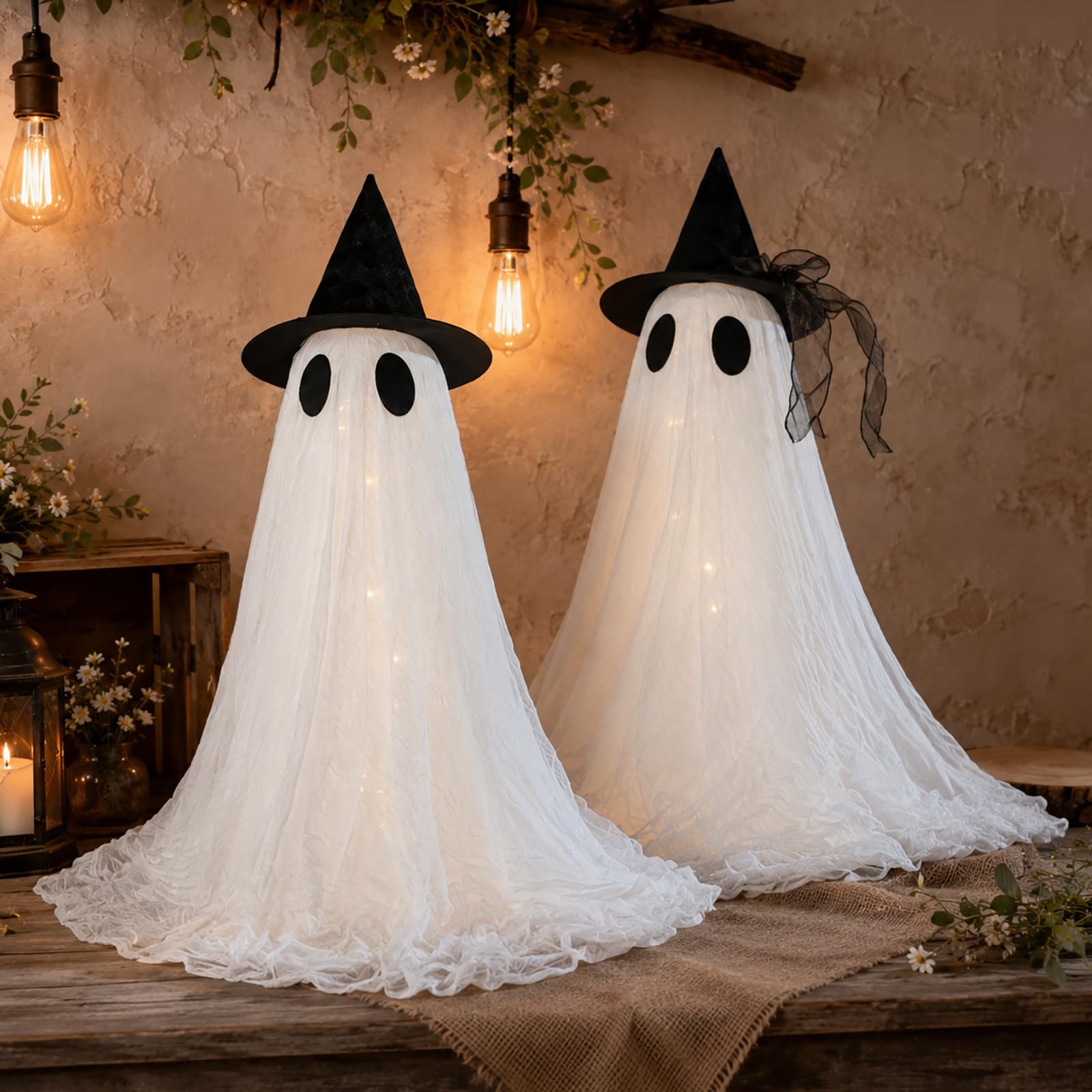 2 Pack Cute Glowing Ghost Decor - Halloween Ghost Decorations | Dual USB & battery power, 8 light modes timer, anti-tip water bags, easy assembly for mantel table porch