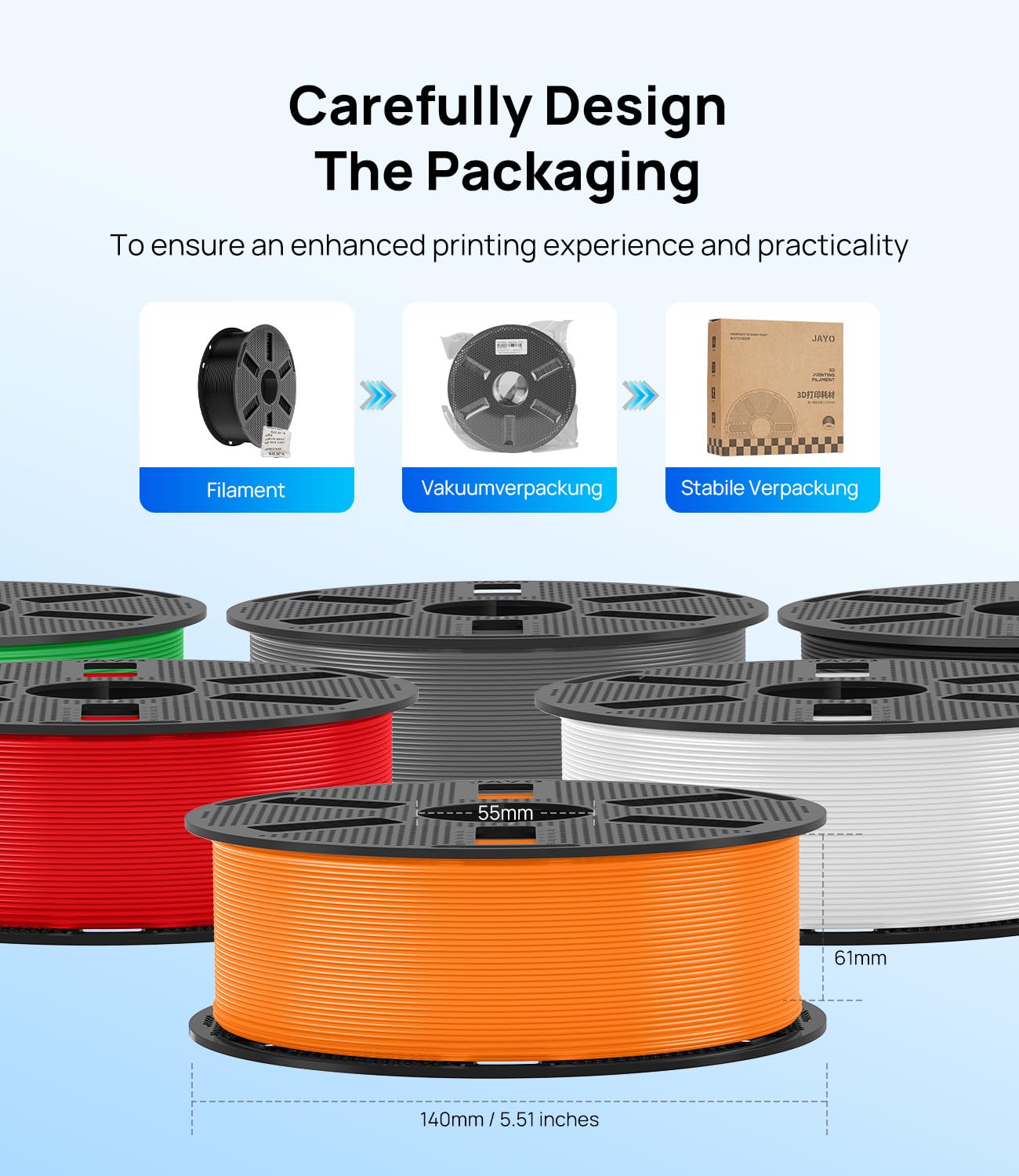 JAYO PLA Filamento 1,75 mm Bundle 4.4KG, Filamento per stampante 3D, Precisione dimensionale +/- 0,02 mm,Filamento ben avvolto, 4 Bobine, Rosso + Blu + Giallo + Arancione