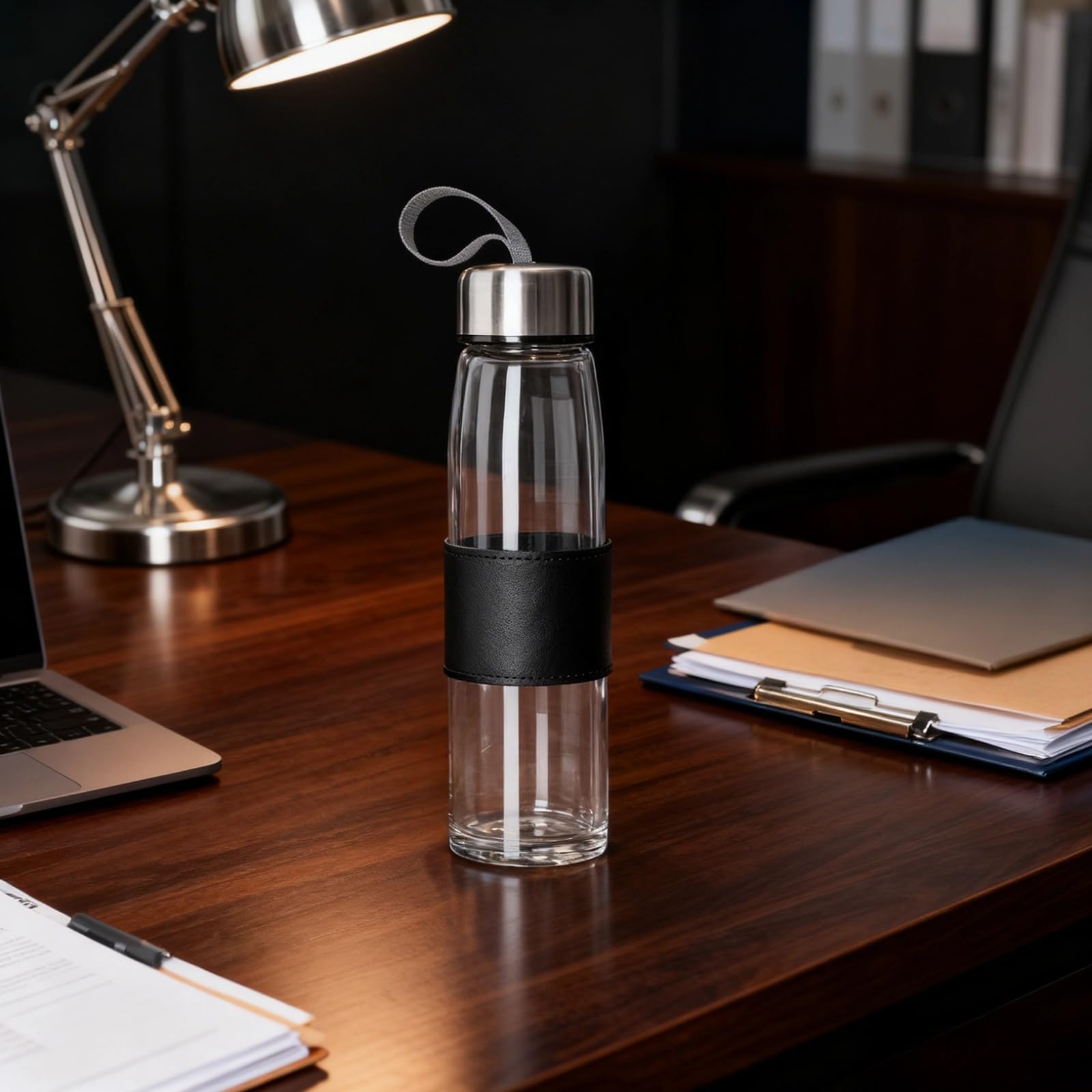 Generisch Trinkflasche 15,2 fl oz / 450 ml, wiederverwendbar mit Lederhülle, aus Borosilikatglas mit verdickter Wandung, für heiße und kalte Getränke, für Reise, Büro, Sport und unterwegs im Alltag