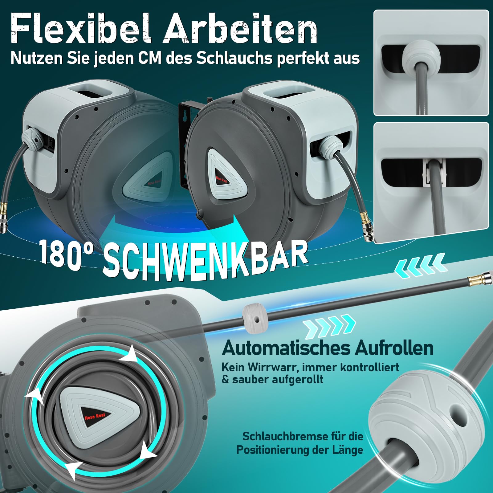 Druckluftschlauch, 30m Kompressor Schlauchtrommel Automatik Druckluftschlauchtrommel Aufroller, Schnellkupplung 1/4'', Wandhalterung Druckluftschlauch-trommel für Kompressor Werkstatt, Grau