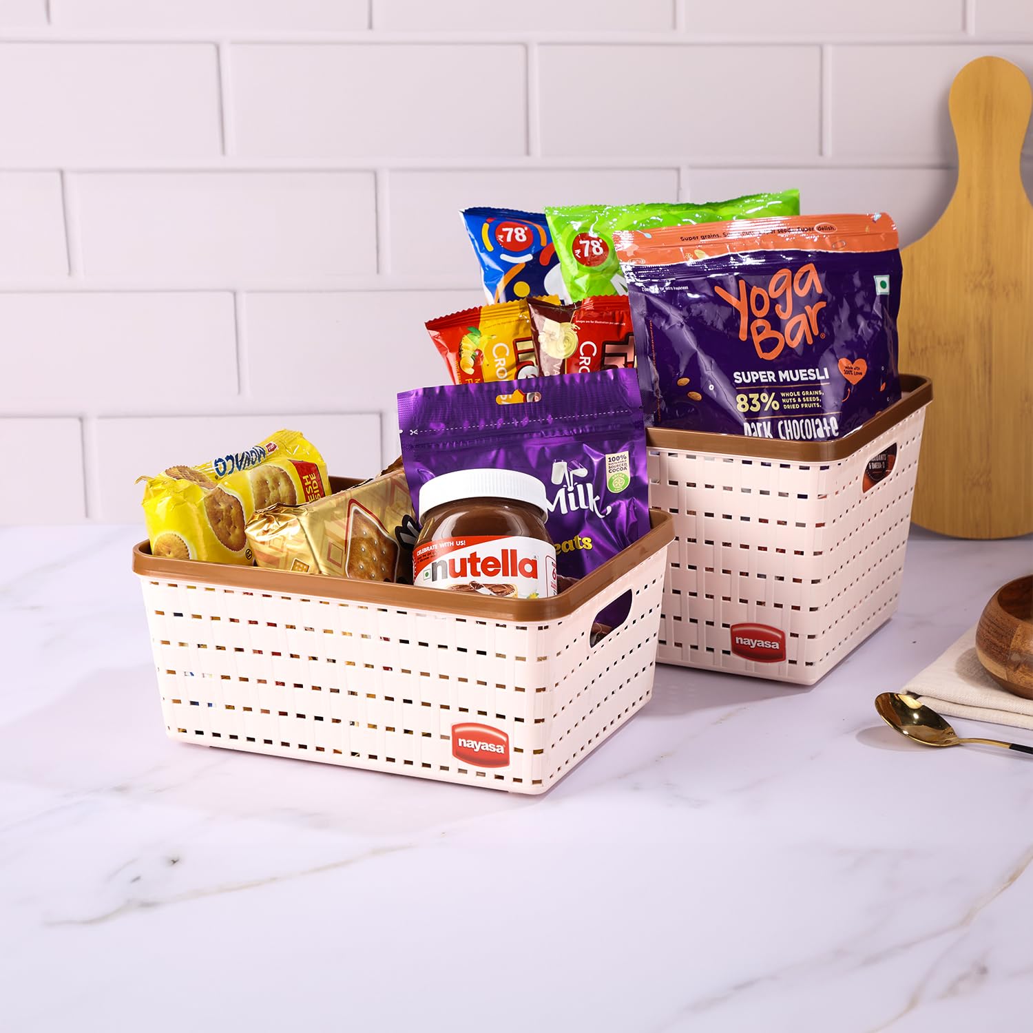 Nayasa Gloria 2 Pcs Set Basket | Medium 1 + Big 1 | Plastic Basket With Lid | Multipurpose Basket With Lid | Organizer Basket With Lid | Peach