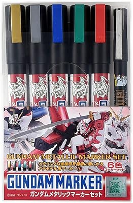 Mr Hobby GSI Creos Gundam Marker Metallic Set 6 Colors Metallic gold, Metallic silver, Metallic blue, Metallic green, Metallic red, Black GMS121 With Kanji LOVE Sticker, 5.94 x 2.99 x 1 in