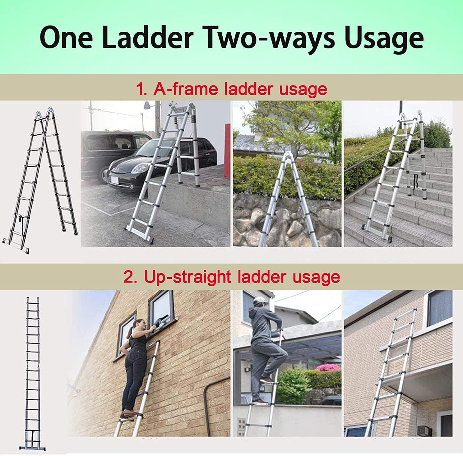 Ladders Telescoping Ladder 12.5 FT Dual Purpose Aluminum Telescopic Ladder with Non-Slip Feet Adjustable Lightweight Compact Ladders for Household or RV Outdoor Work,330lb Load Capacity(1.9M+1.9M) - Image 7