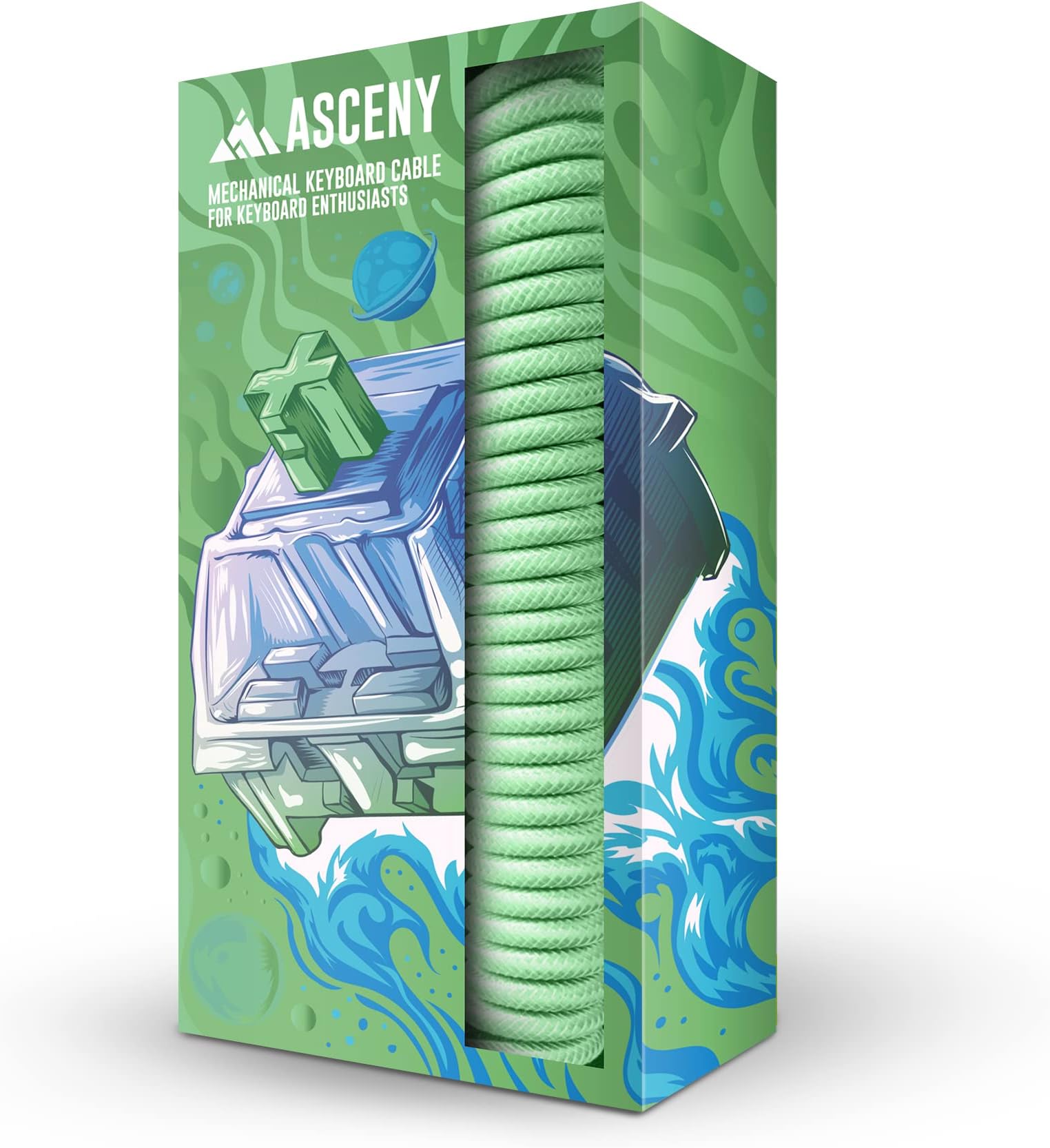 ASCENY Coiled & Double Sleeve Mechanical Keyboard Cable for Type-C Mechanical Keyboard (Green)