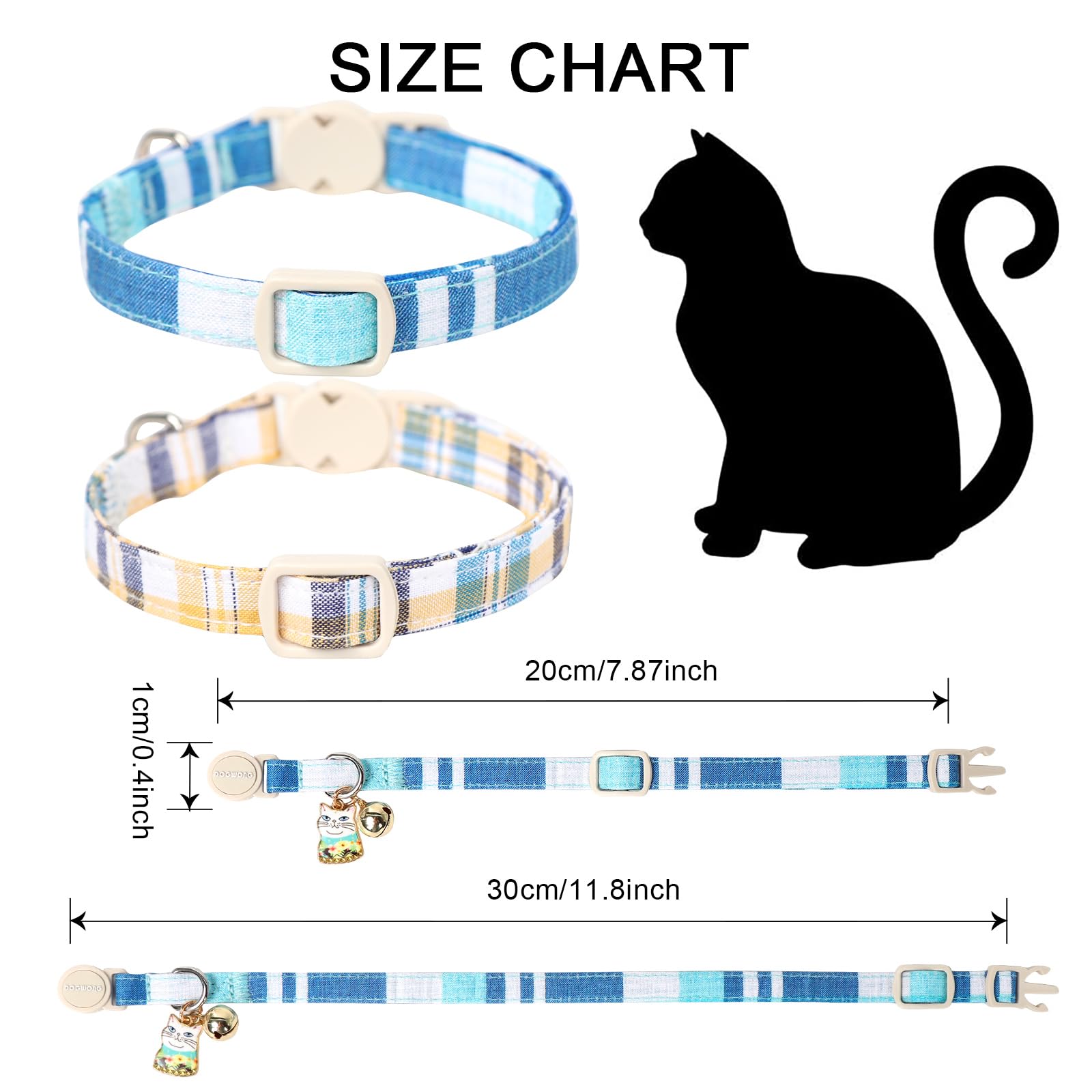 Collar para gato, paquete de 2 collares de gato a cuadros azules con campana, collar de gato con hebilla de seguridad DOGWONG para niñas, niños, gatos y perros pequeños, collar ajustable para gatitos