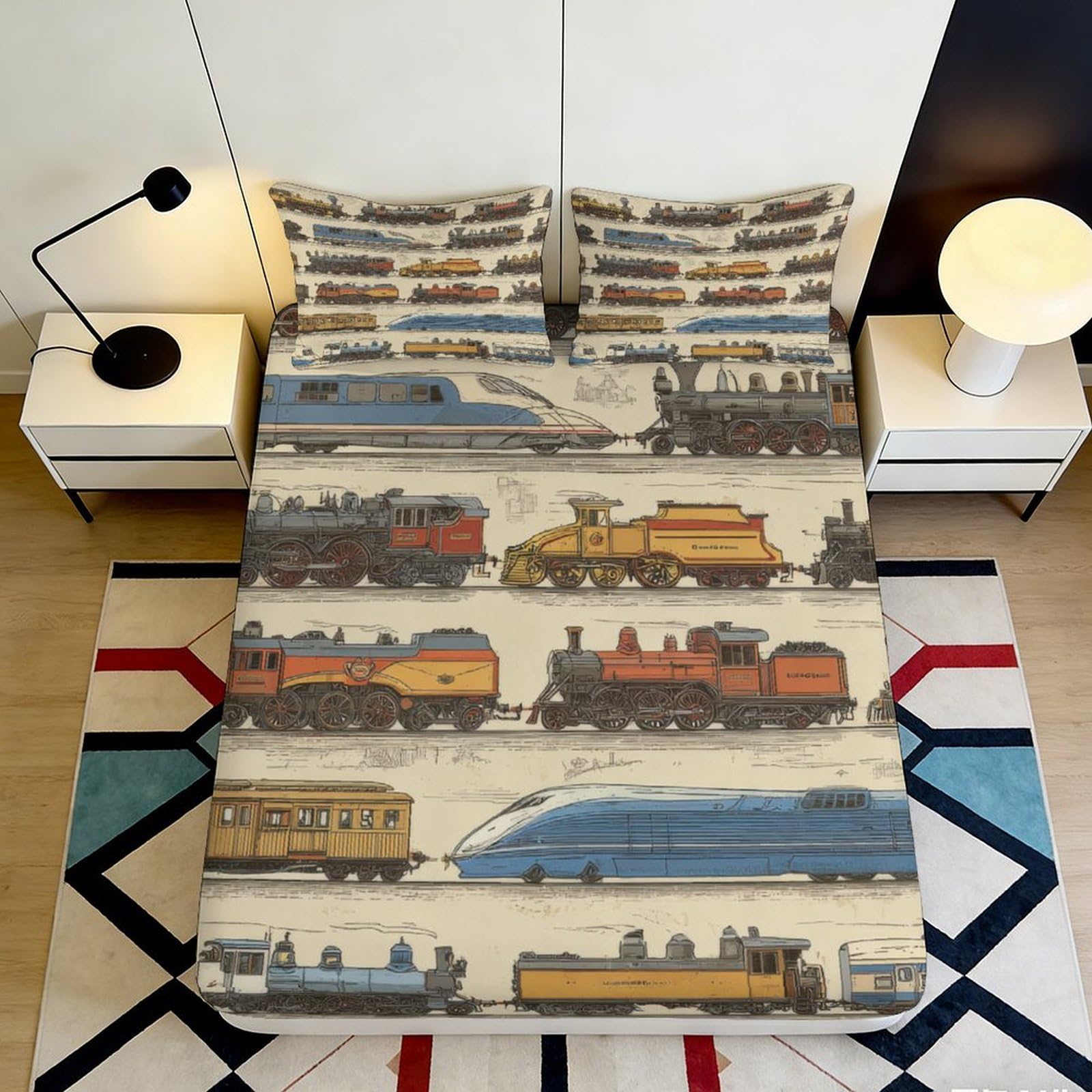 3D Printed Vintage Train Fitted Sheet Microfiber Soft Railway Locomotive Bed Cover for Bedroom Guest Room Decor 90x200x25cm
