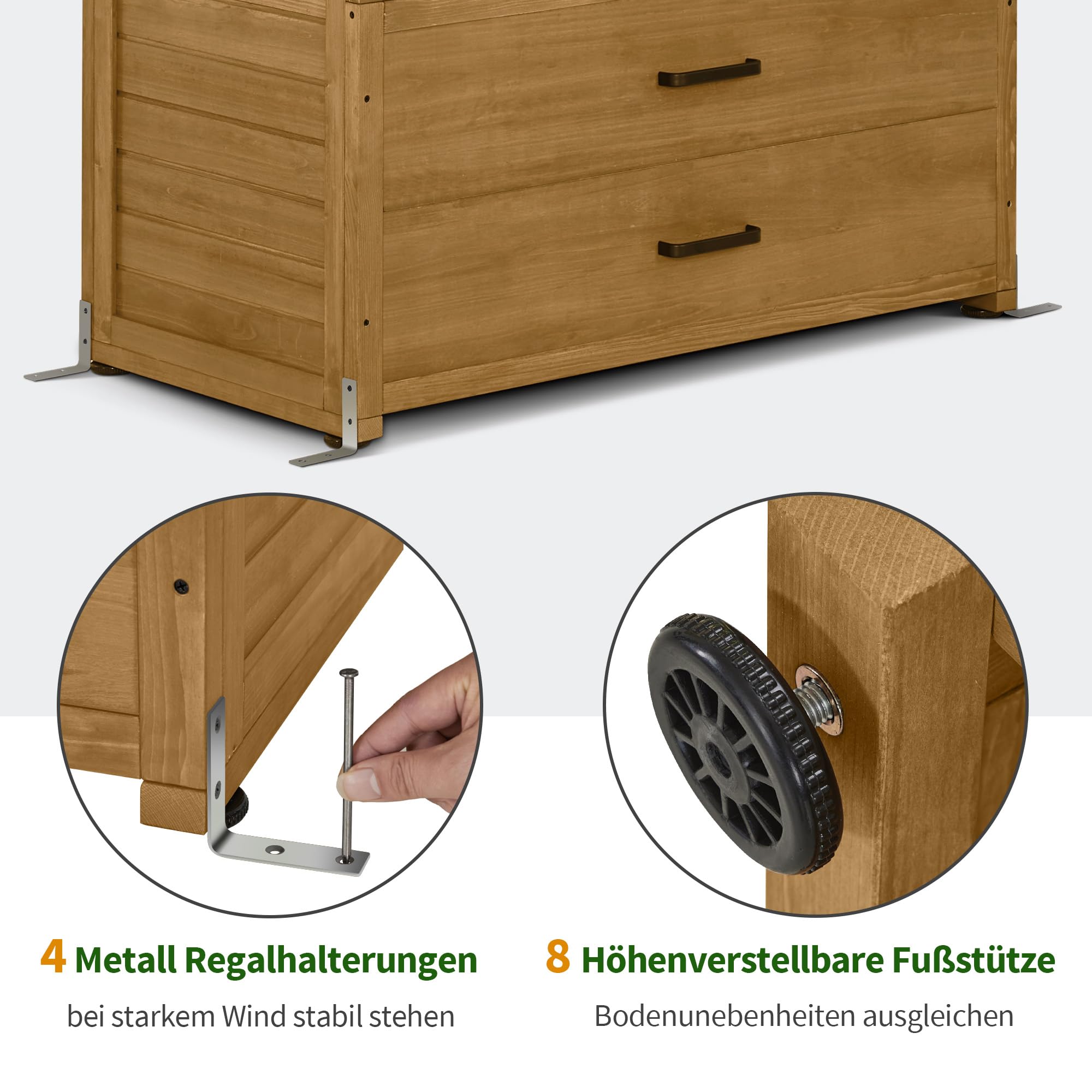 M MCombo Gartenschrank Gartenhaus Holz Wetterfest, Geräteschrank Gerätehaus Outdoor, für Außenbereich Balkon Terrasse, Gartenhütte mit 2 Bewegliche Regale, 58×107×180 cm, 1155 (Natur)