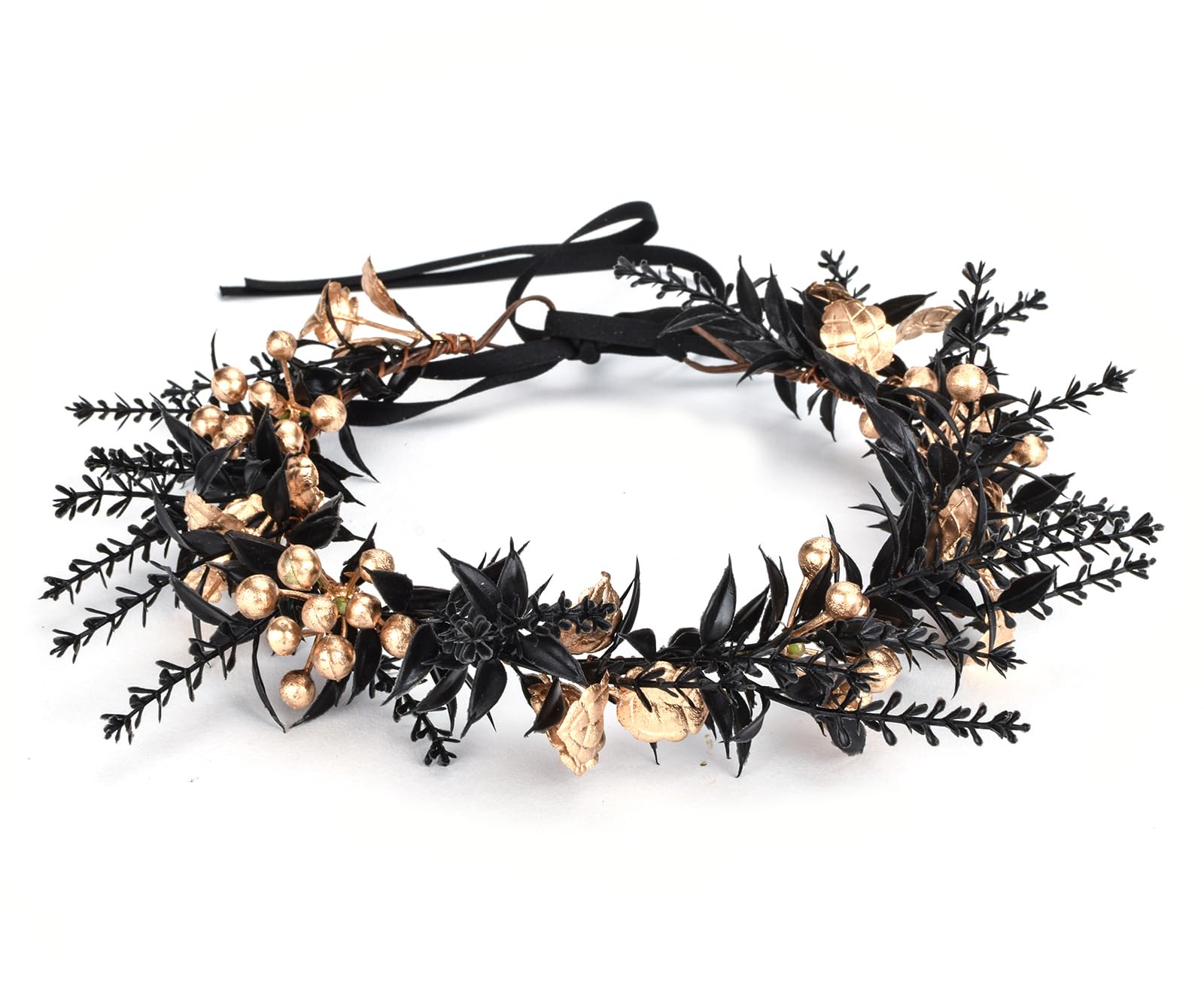 DDazzlingWomen Girls Black Leaf Berry Crown Boho Headband Photo Shoot Props Wedding Halloween Festival Party Headpiece (Black and Gold)