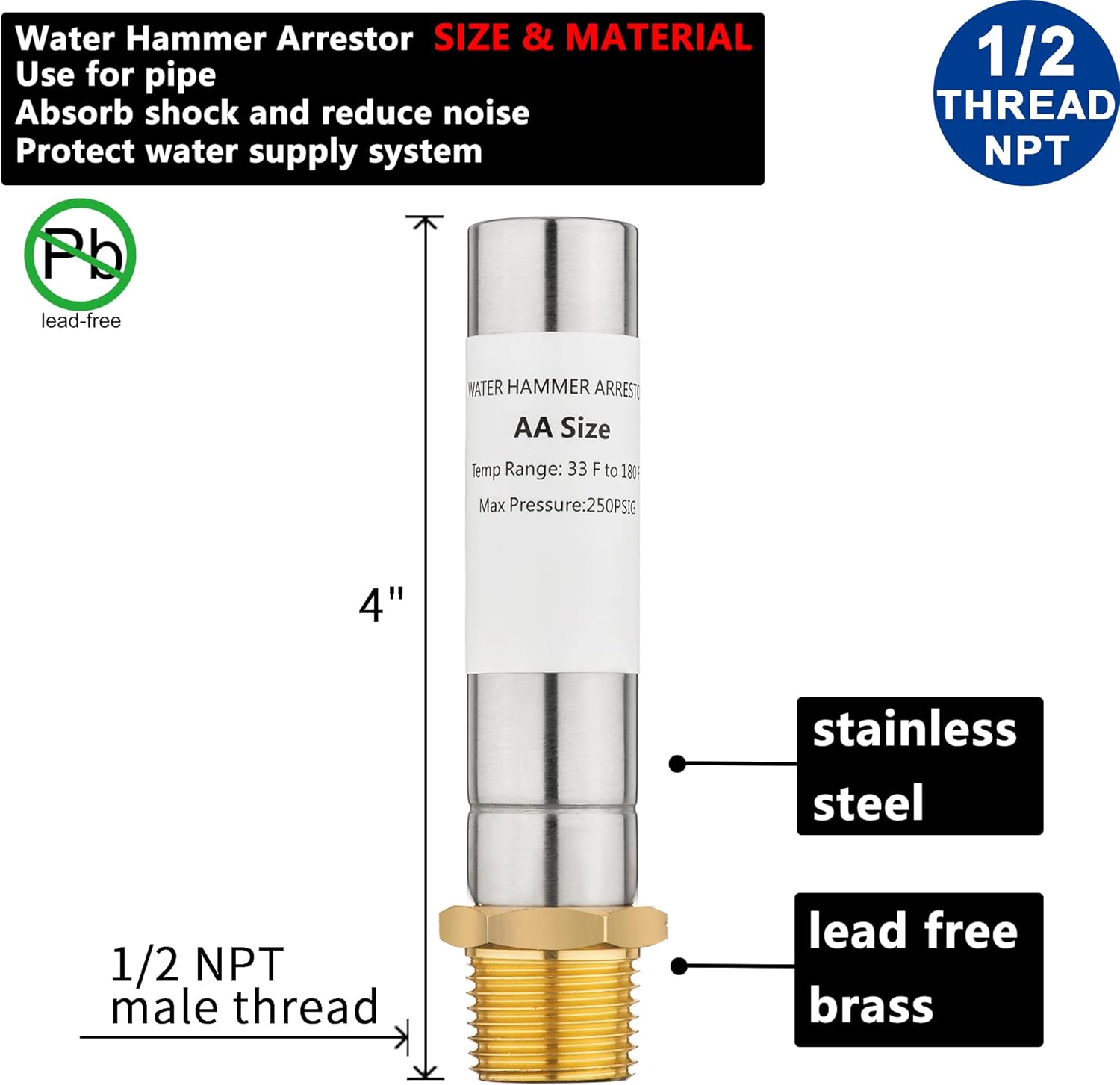 (2 Pack) Lidertik Water Hammer Arrestor 1/2 Inch MIP Thread Connect Stainless Steel Chamber For Pipe LI-DSC-131-3(2 PC)