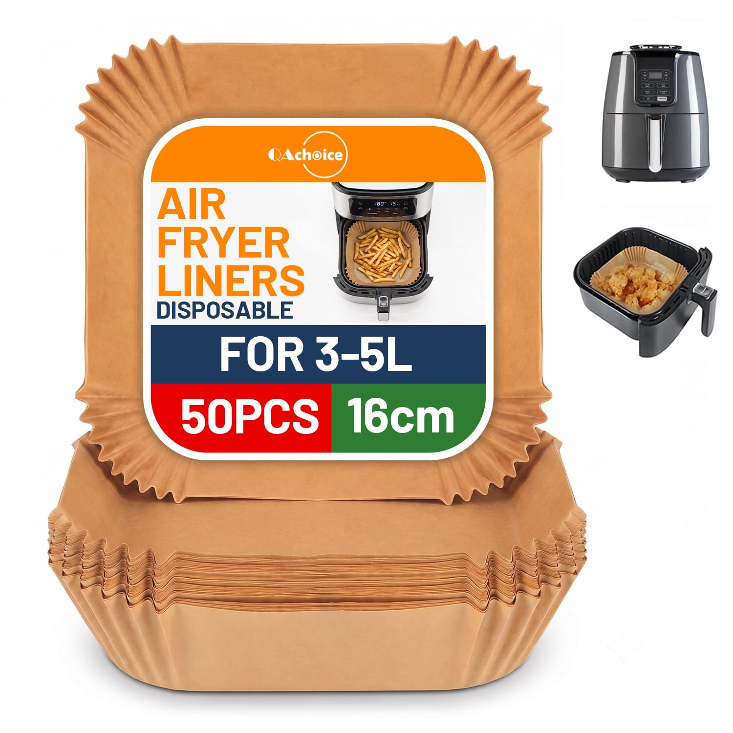 QAChoice Air Fryer Liners Disposable 50PCS, 16cm Square Baking Parchment Paper Liners, Non-Stick Greaseproof Air Fryer Accessories Compatible Ninja AF160UK, COSORI 4.7L, Tower 4L, Tefal Easy Fry 4.2L