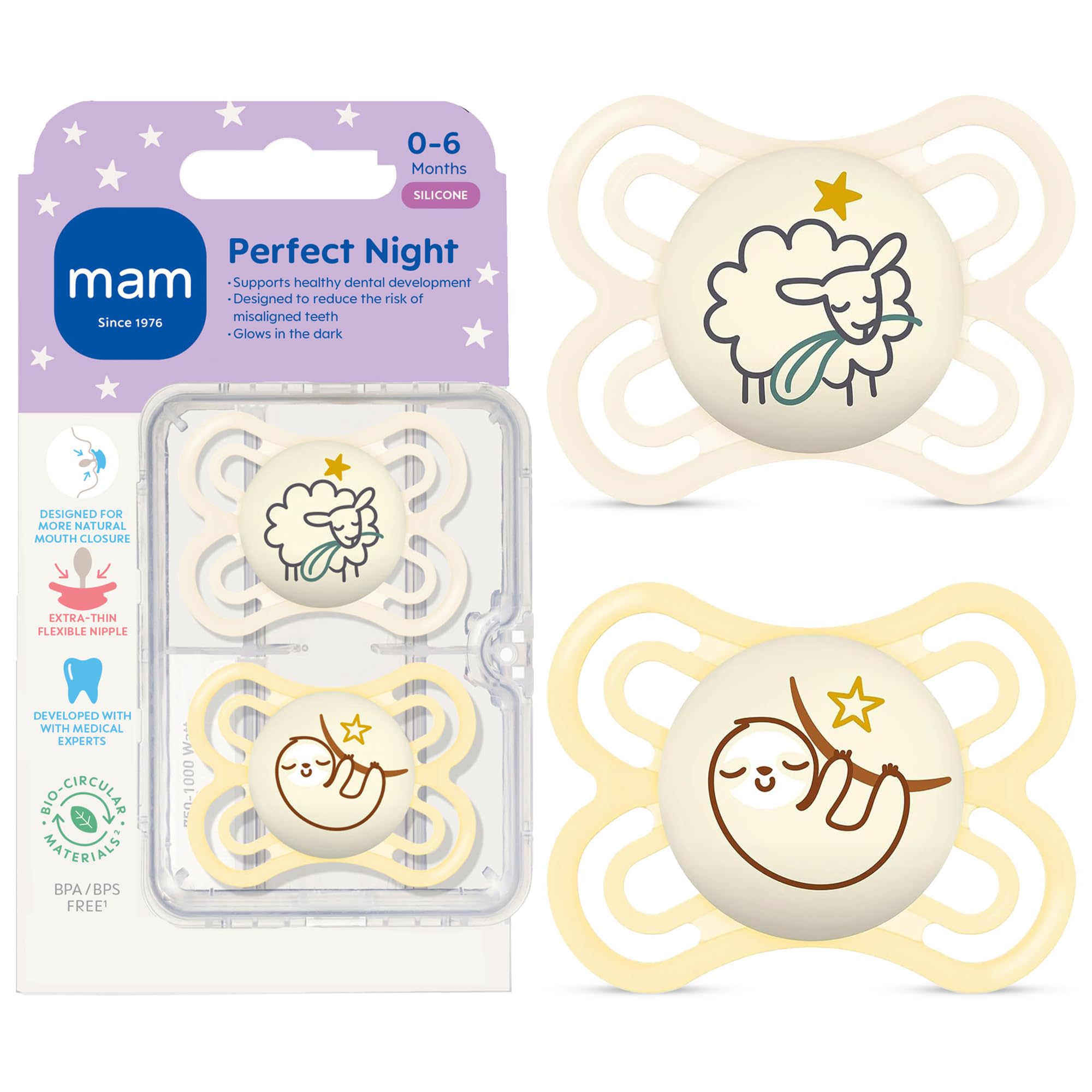 MAM Perfect Night Schnuller, leuchtet im Dunkeln, 2 Stück, 1 sterilisierender Schnuller, MAM Schnuller, 0–6 Monate, Unisex, Design kann variieren