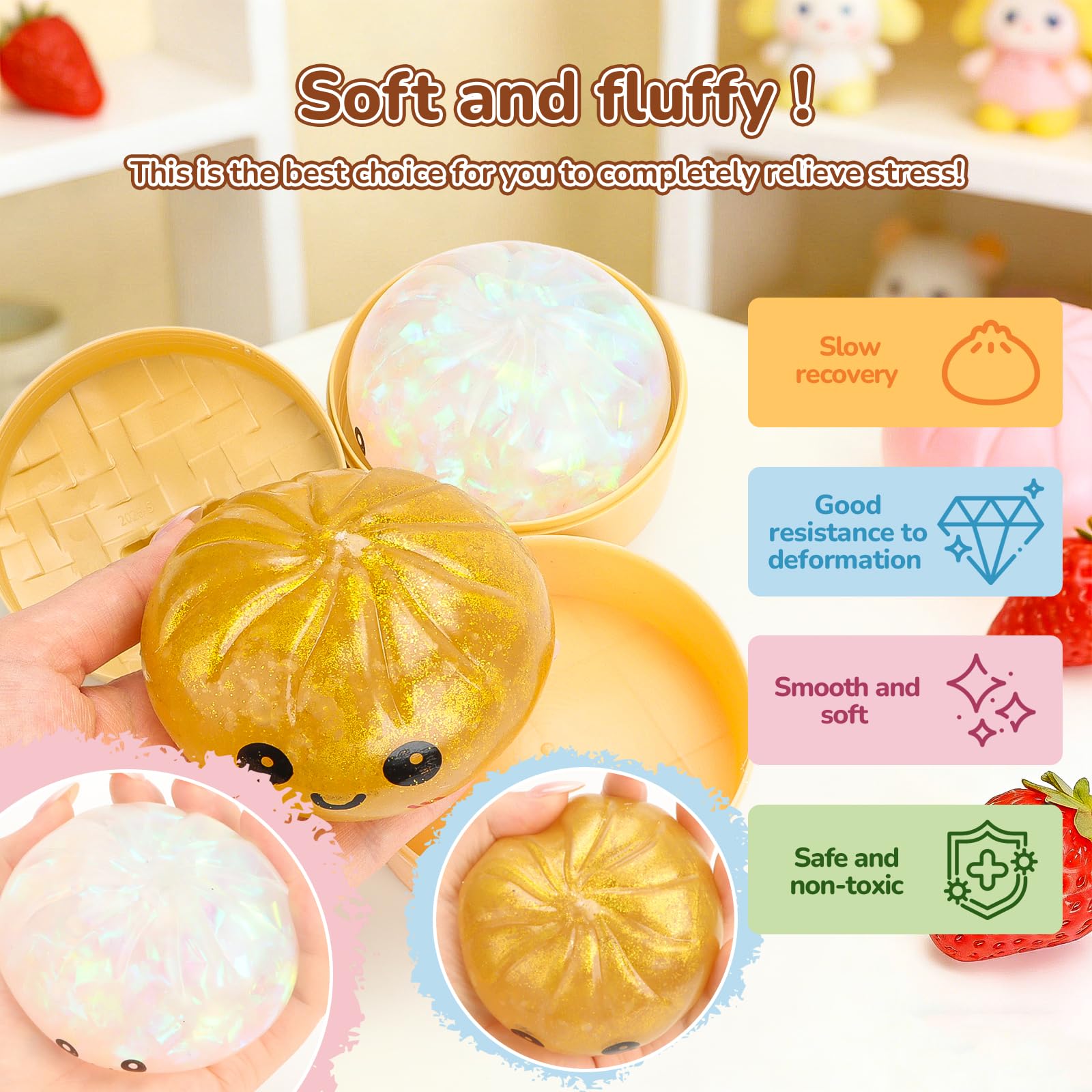 Dumpling Squishy Mystery, 10 cm Glitter Dumpling z parowarem, Rainbow Mystery Squishy Bun, sensoryczna zabawka fidget, piłka antystresowa dla dzieci i dorosłych (2 sztuki) (złoty + przezroczysty)