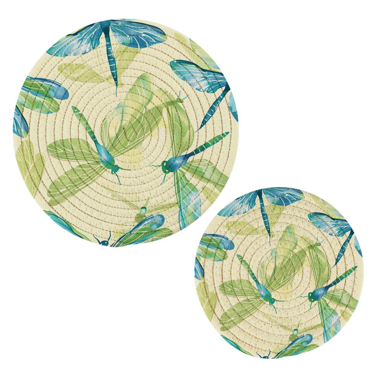 JUMBEARJUMBEAR Beautiful Qingsong Green Dragonfly Trivets for Hot Pots and Pans and Pot Holders 2PCS – Cotton Rope Round Mats, Hot Pads for Kitchens, Coasters, Placemats, Spoon Rest for Cooking and Baking