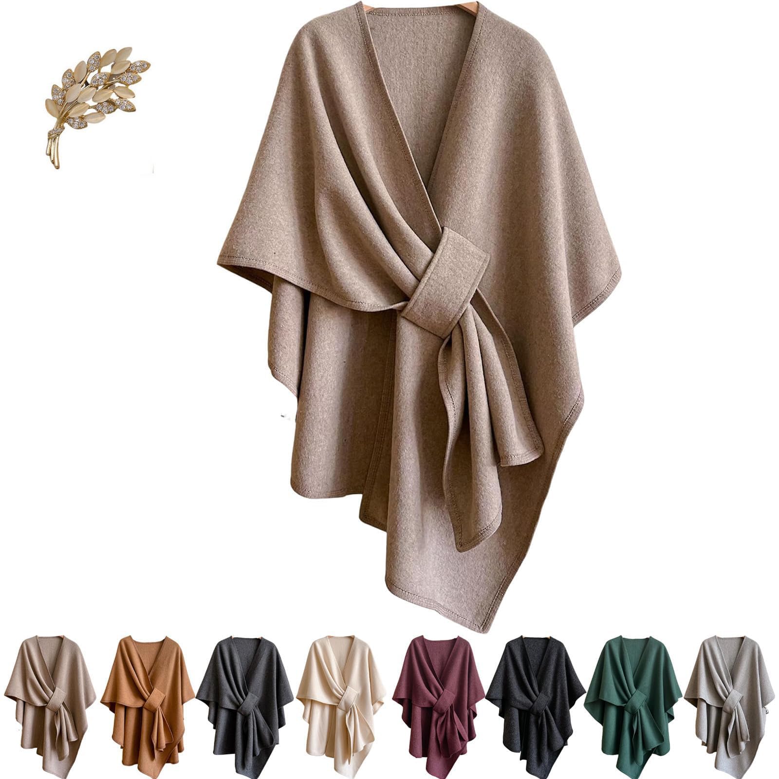 Generisch Mantello da donna in pile in tinta unita, elegante poncho lavorato a maglia con parte anteriore aperta, morbido poncho con passante, per autunno e inverno