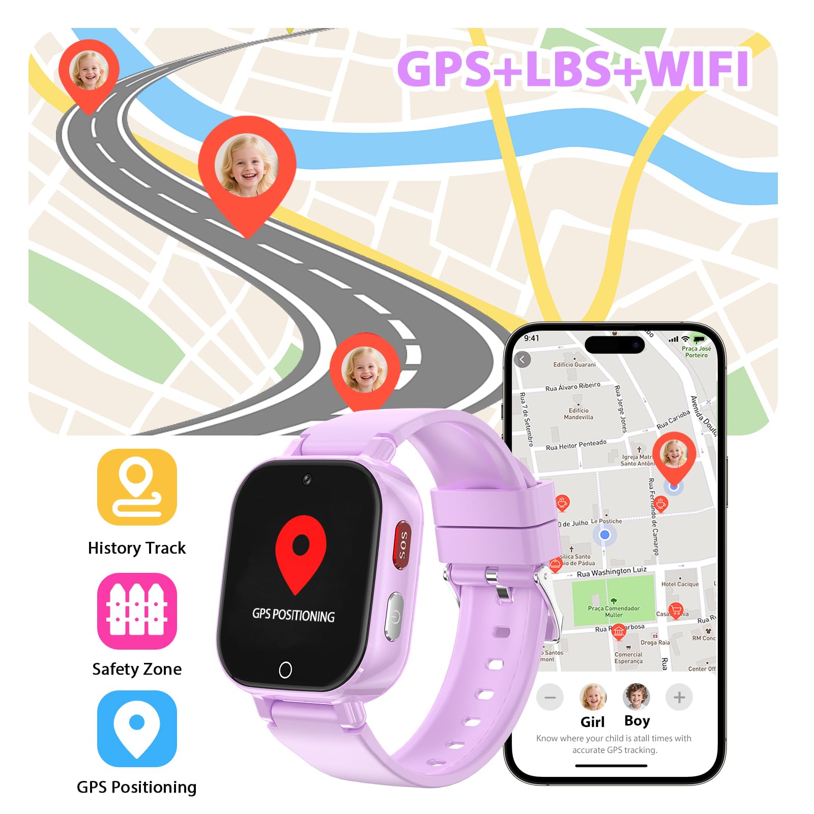 Smartwatch Bambini 4G con Videochiamata, GPS, SOS, Chat Vocale, IP68 Impermeabile, Modalità Classe, Contapassi, Sveglia, Camera, Orologio Smartwatch Regalo per Bambino e Bambina 4-12 Anni (Lila-8A)