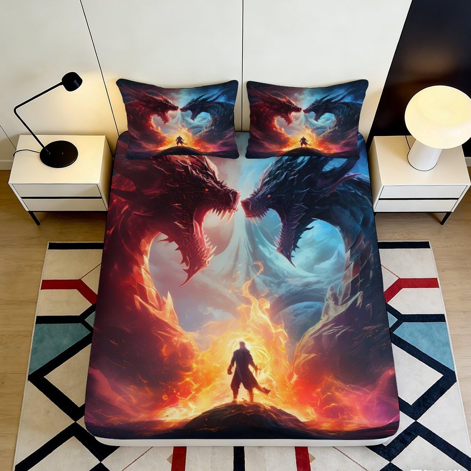 3D Printed Fiery Dragon Fitted Sheet Microfiber Soft Breathable Dual Dragon Bed Cover for Bedroom Dormitory Guest Room Mattress Protection Decor 120x200x25cm