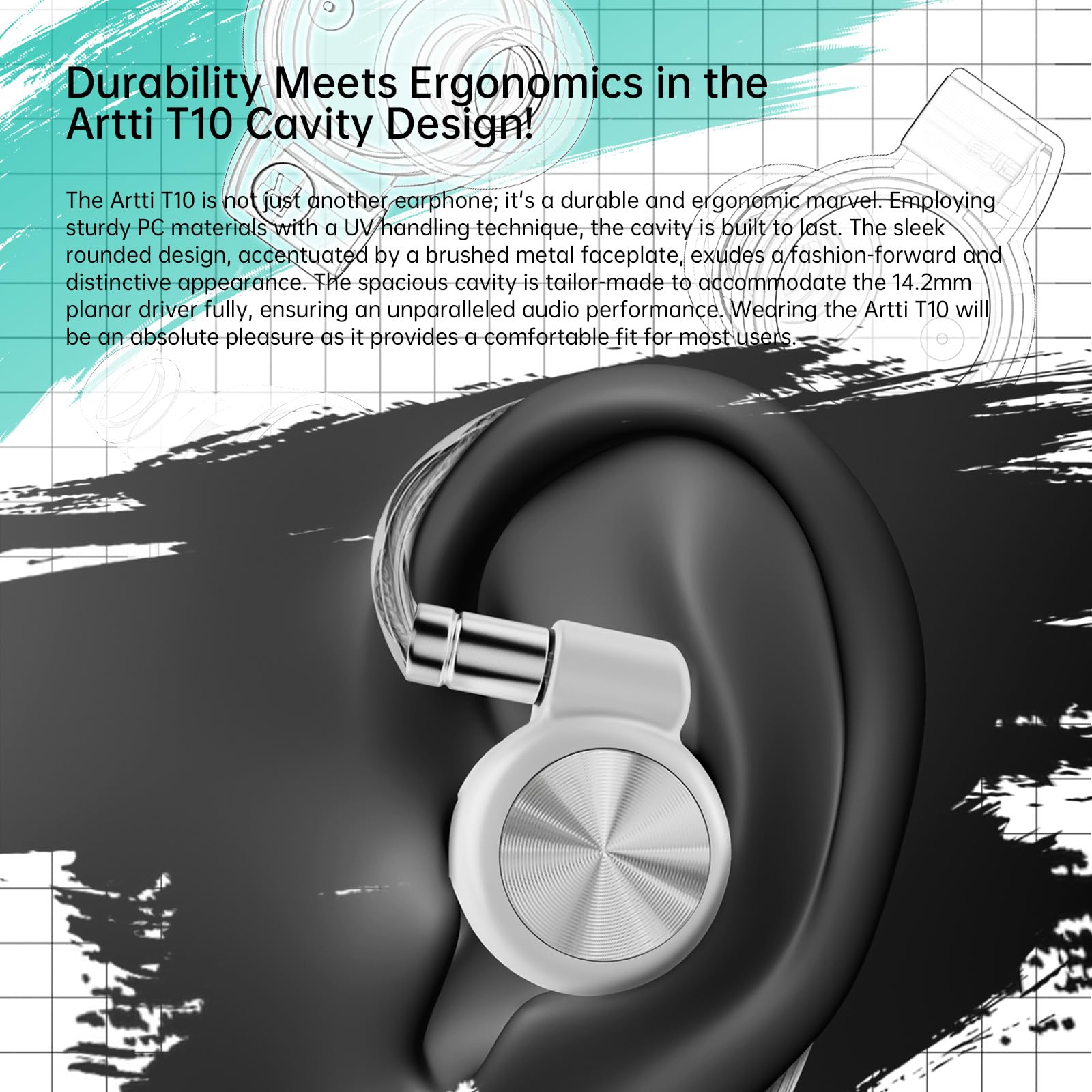 ARTTI Auricolari in-ear T10 da 14,2 mm, doppio circuito magnetico, driver planare, cavo staccabile placcato in rame argentato, Hi-Fi per musicisti/cantanti (spina da 3,5 mm)