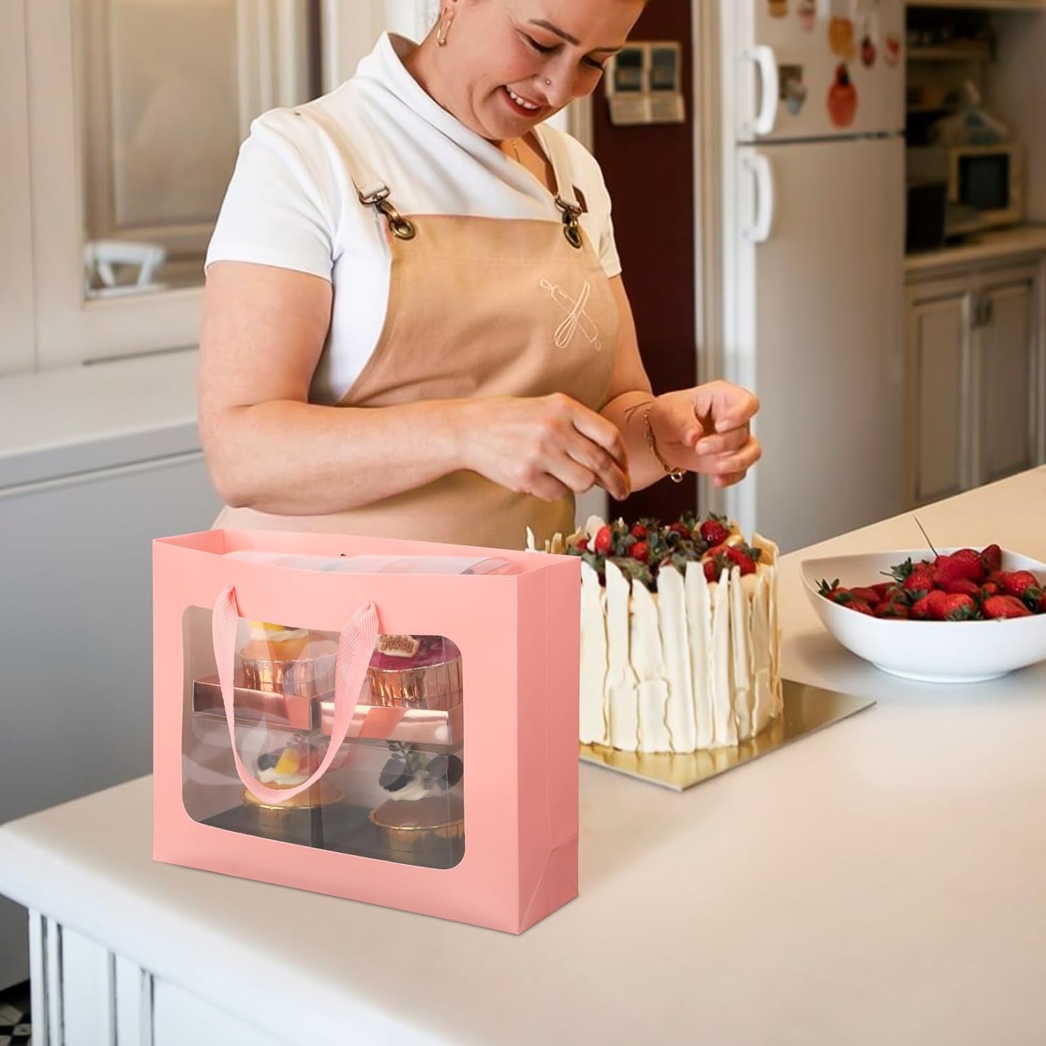 EUSOAR Pink Paper Gift Bags, 20pcs 10.6"x3.1"x8.3" Paper Bags with Transparent Window, Thank You Clear Gift Bags with Handles Bulk for Wrapping Festival Bridal Baby Shower Party Favor - Image 5