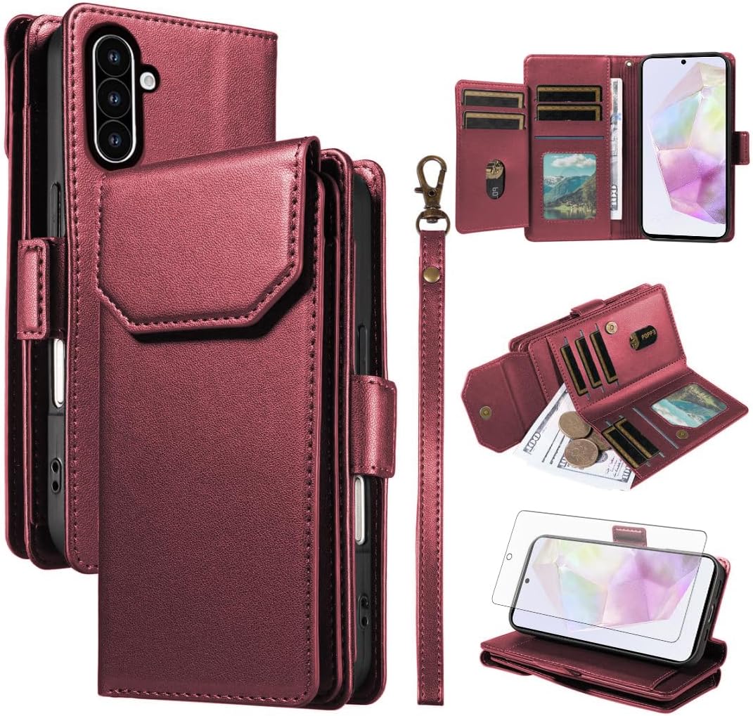 Asuwish Phone Case for Samsung Galaxy A36 5G A56 5G Cell Wallet Cover with Tempered Glass Screen Protector Flip Credit Card Holder Slot Stand A 36 36A LTE SM-A366U A 56 56A LTE Women Men Folio Red