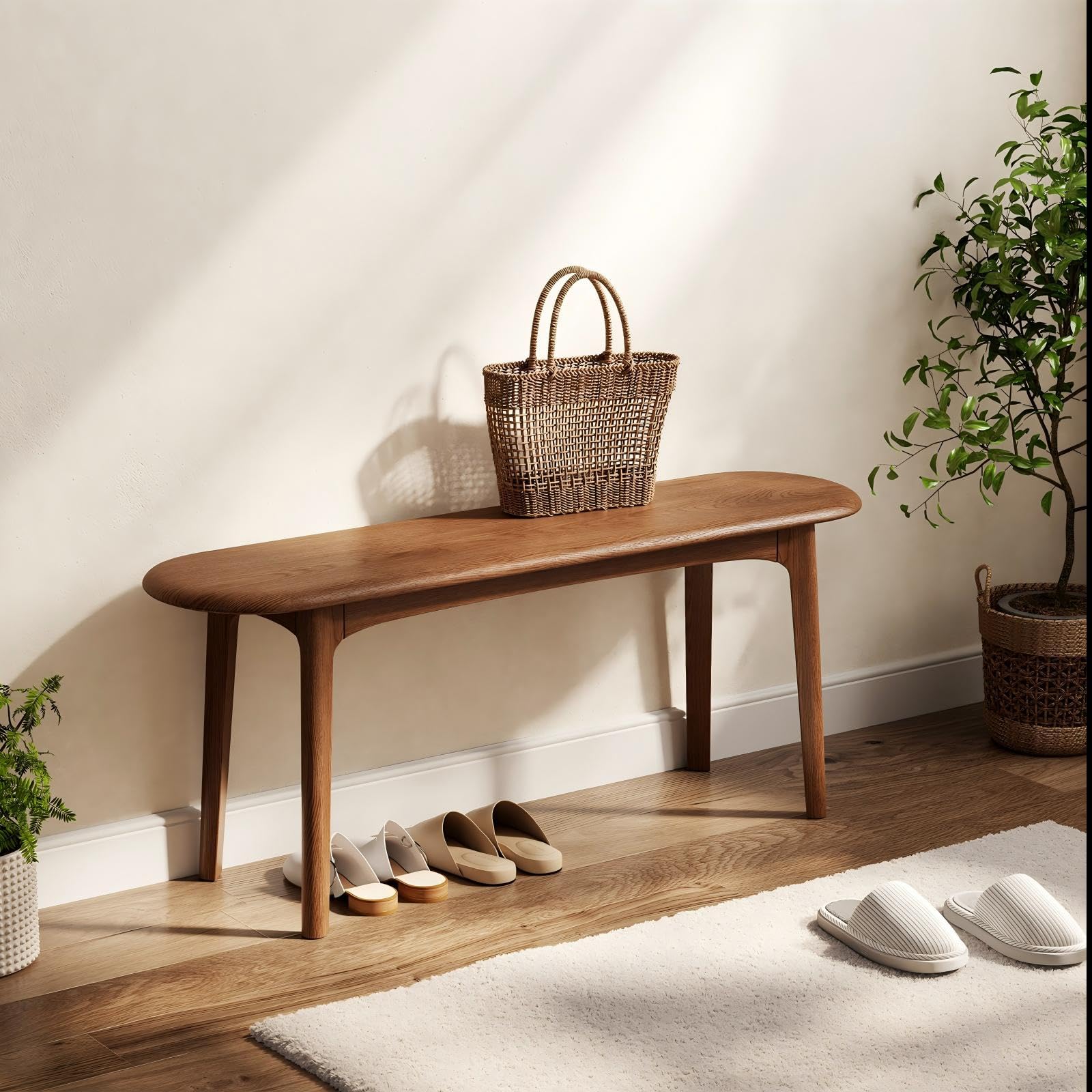 DONGMUWUEJEE 100% Solid Wood Dining Bench, Dining Table Bench for End of Bed with Rounded Corners, Entryway Benches for Outdoor, Bedroom and Plant Stand (Walnut, 39.4" D x 11.8" W x 19.7" H)