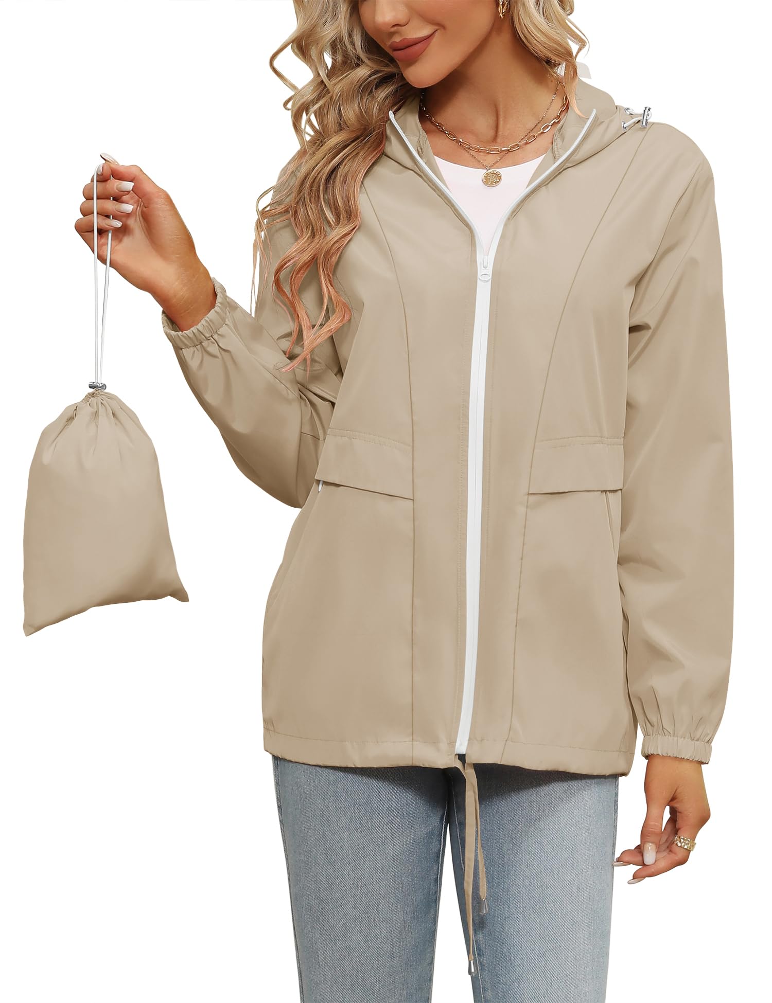 Tisfeer - Impermeabile da donna con cappuccio, leggero, antivento, ripiegabile, giacca a vento con cappuccio