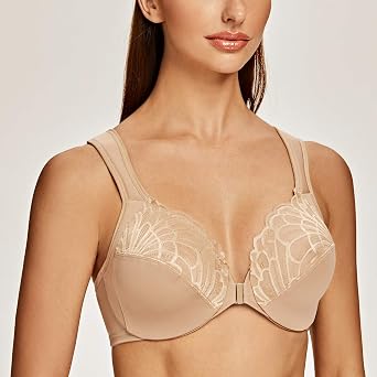 MELENECA Front Closure Bras for Women Plus Size Underwire Unlined Lace Cup Cushion Strap Almond 36E
