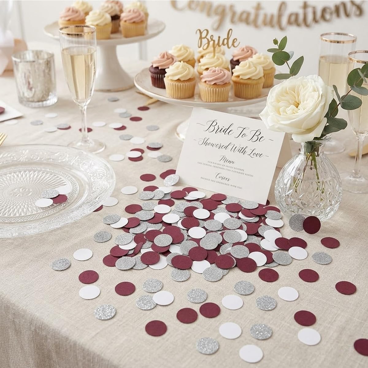 200PCS Burgundy Red White Silver Glitter Circle Paper Confetti Sprinkles