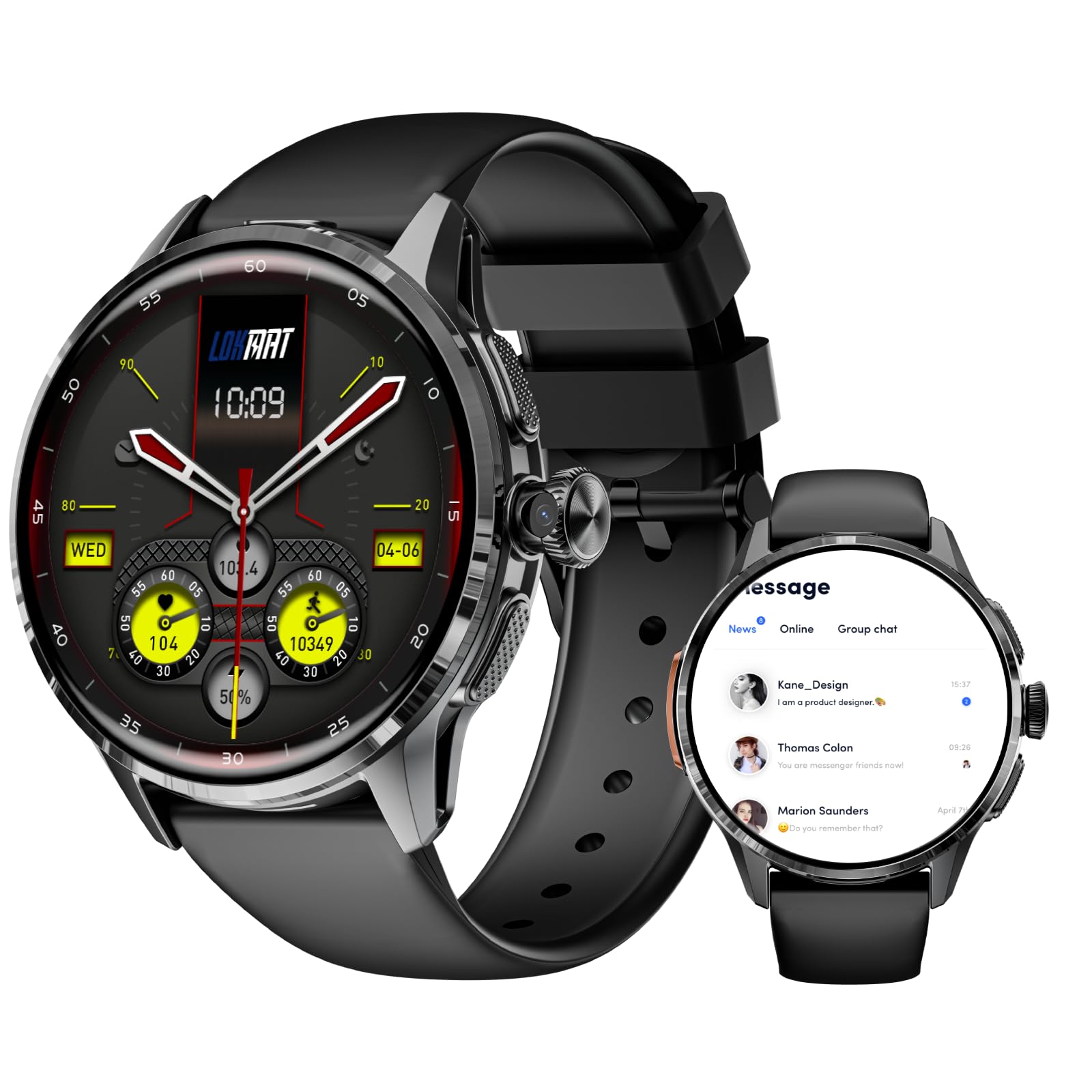 LOKMAT 4G SIM Card Android Smart Watch,1.6' AMOLED Large Screen 3GB+32GB Smartwatch for Men Women with Rotating Camera WiFi GPS Fitness Activity Tracker Watch (Black)