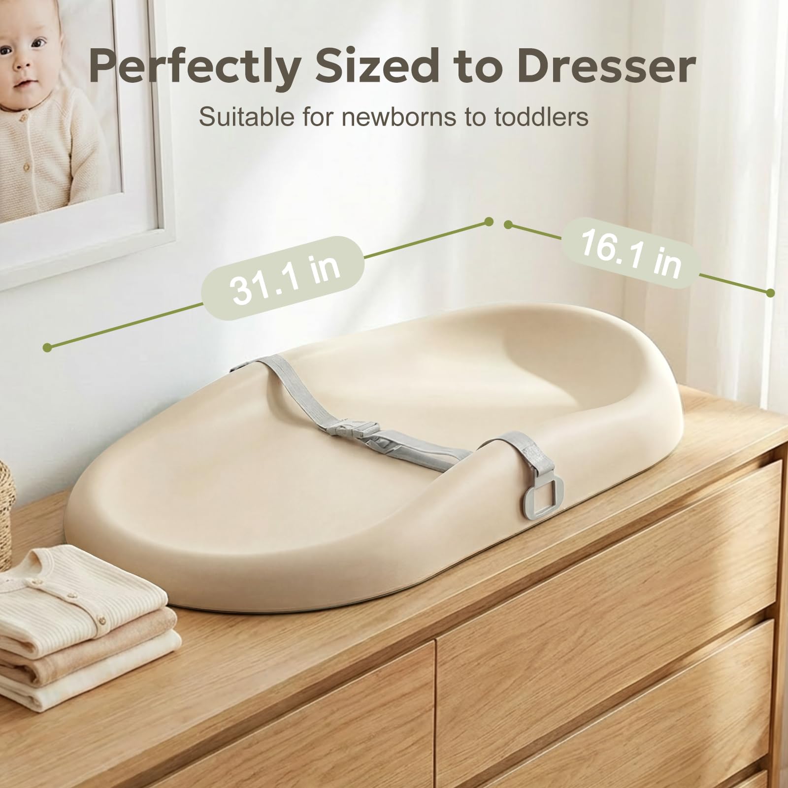Mallify Baby Changing Pad with Waterproof and Non-Toxic Surface Changing Table Pad with Adjustable Safety Belt Easy-Clean & Portable Changing Pad for DresserBeige product thumbnail 6