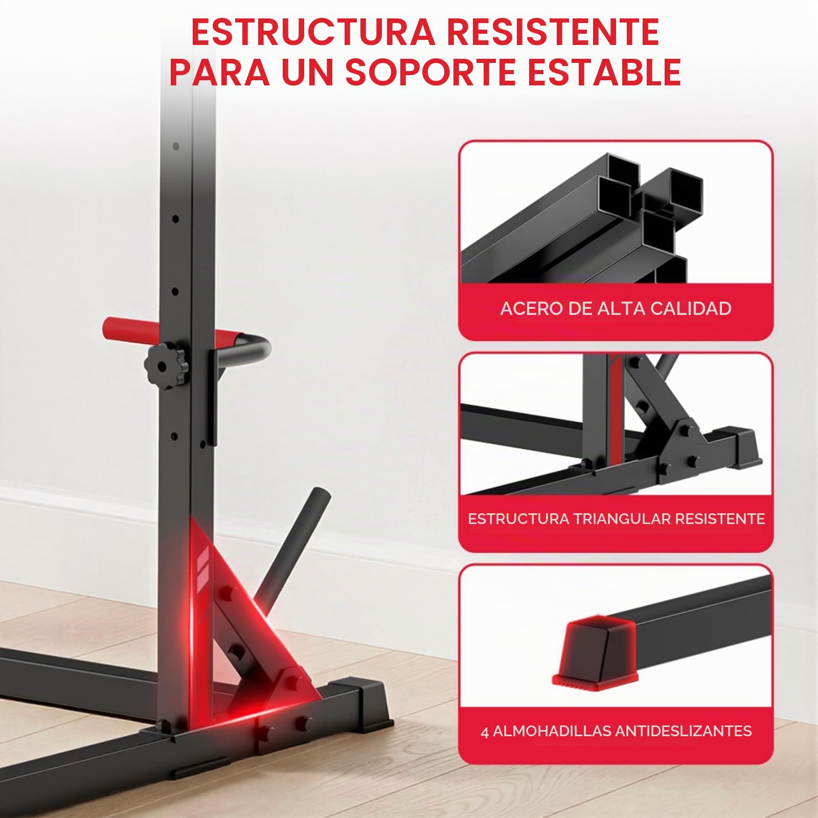 Rack de Sentadillas Multifuncional con Barra de Dominadas, Soporte Totalmente Ajustable, Capacidad de Carga 300 KG, Jaula de Potencia de Acero Reforzado para Entrenamiento de Fuerza en Casa