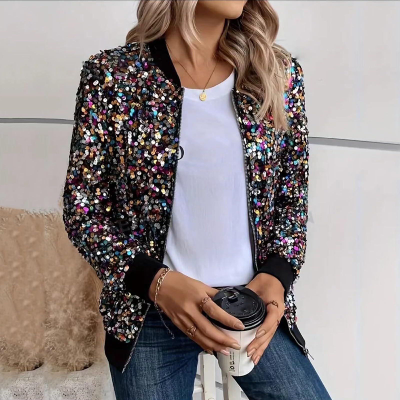 Pailletten Jacke Damen mit Reißverschluss Glitzer Bomberjacke Bolero Elegant Jacken Festliche Disco Kostüm Langarm Casual Pailettenjacke Slim Fit Winter Streetwear Top Glitzertop für Rave Party