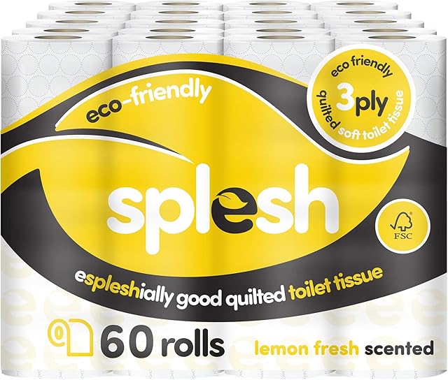 60 Splesh by Cusheen Lemon Fresh Toilet Rolls - Eco-Friendly, Soft & Quilted 3-Ply Toilet Tissue, Made from Sustainably Sourced Pulp - Fresh Lemon Fragrance (60 Pack)