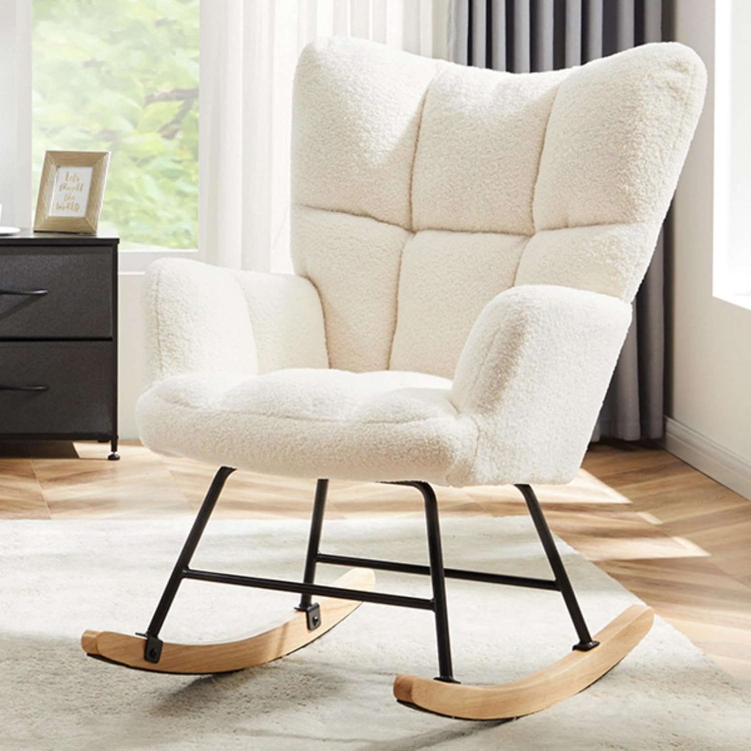 HealSmart Nursery Rocking Chair Teddy - Upholstered Comfy Glider Rocker with High Back Armchair, Cozy Reading Recliner Fluffy Comfortable Chair for Bedroom, Baby Room, Living Room and Study, Beige