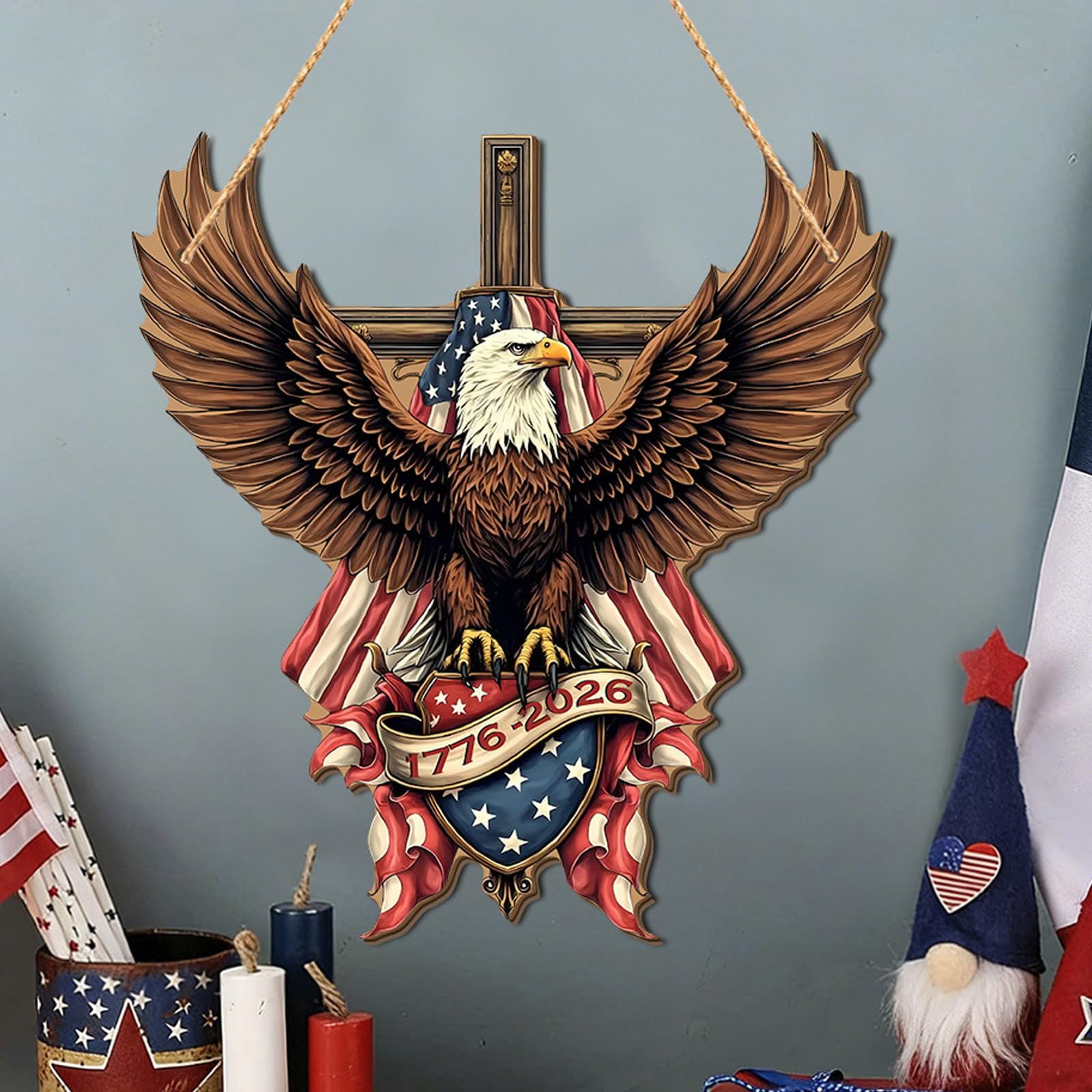 Wooden Independence Day Sign with Star and Stripe 250th Anniversary Hanging Plaques for Festive Decor Wooden Patriotic Sign