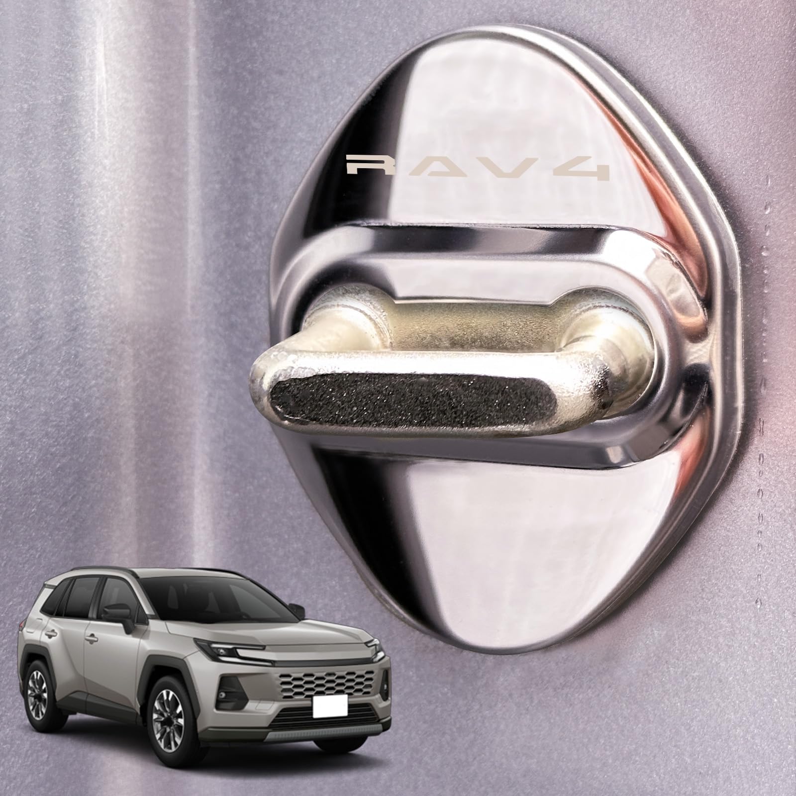 HUDIY 2025年 RAV4 XA60 系 専用設計 ドアストライカーカバー ドアロックカバー 鏡面ステンレス製 カスタム ロゴ付き 錆防止 ドレスアップ 保護 簡単取付 カスタムパーツ 4 個セット(シルバー)
