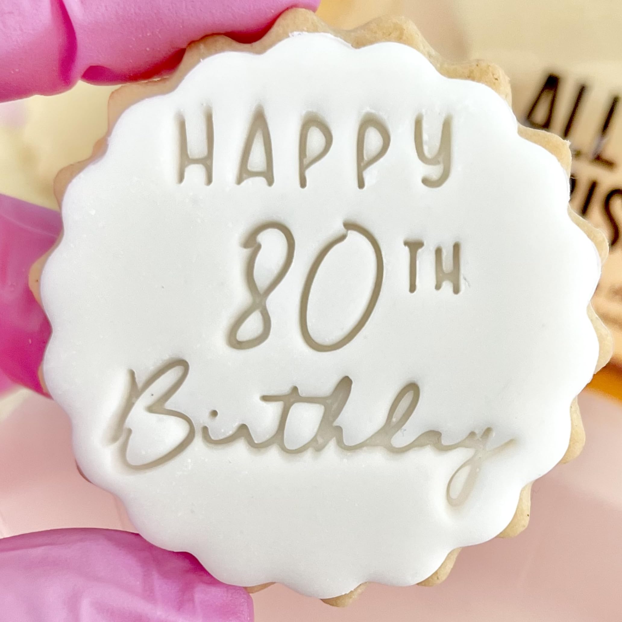 Happy 80th Birthday Cookie Cutter Stamp Embosser fits m&s Biscuits Great for Fondant Icing Eighty 80 Birthday Reusable Marks and Spencers Party Favours Free Matching Cutter