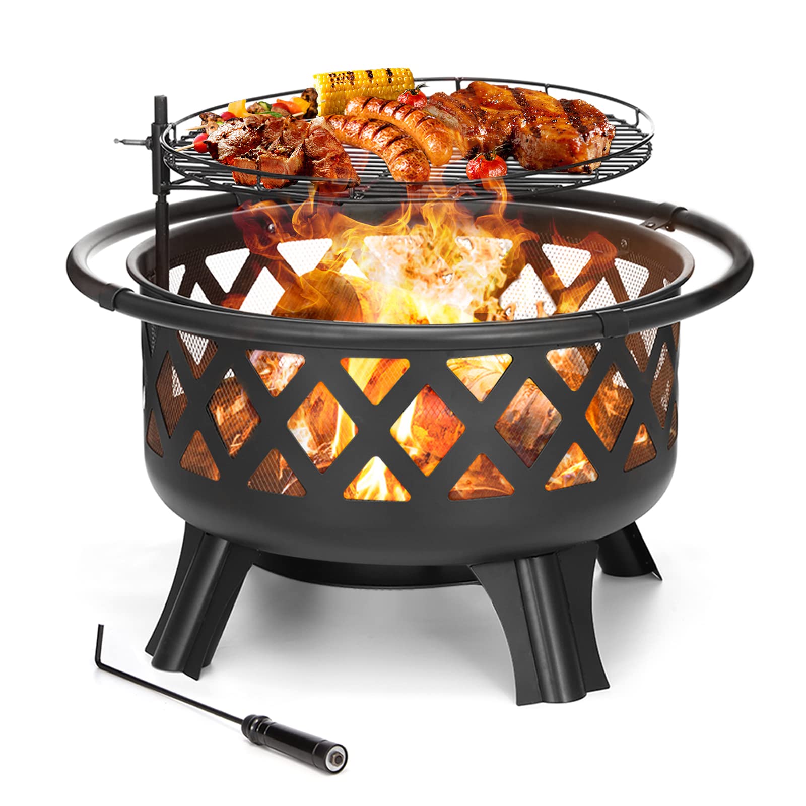 30 Inch Fire Pits for Outside with Grill Outdoor Wood Burning Firepit Large Steel Firepit Bowl for Patio Backyard Bonfire Deck Picnic Porch Garden with Swivel BBQ Grill, Ash Plate,Spark Screen, Poker