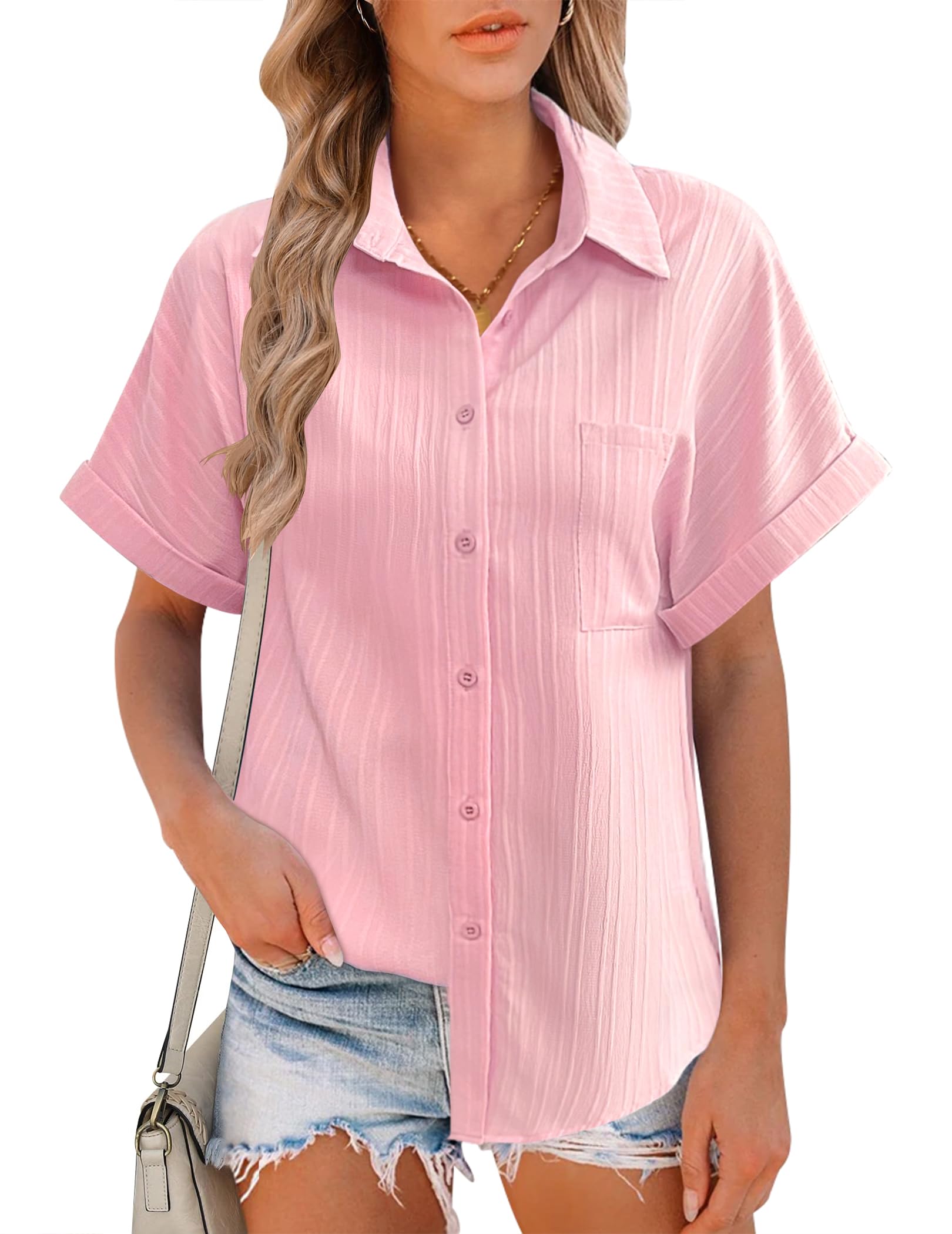 Hotouch Blusa elegante para mujer, cuello de pico, camisas de manga corta, informal, para el trabajo, con botones, sueltas, blusas para oficina, monocolor