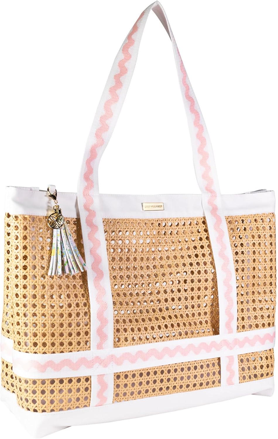 Lilly Pulitzer Large Travel Tote Bag with Hat Holder Strap, Caning Beach Bag with Tassel Keychain