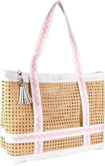 Lilly Pulitzer Travel Tote Bag with Hat Holder Strap, Caning Beach Bag with Tassel Keychain