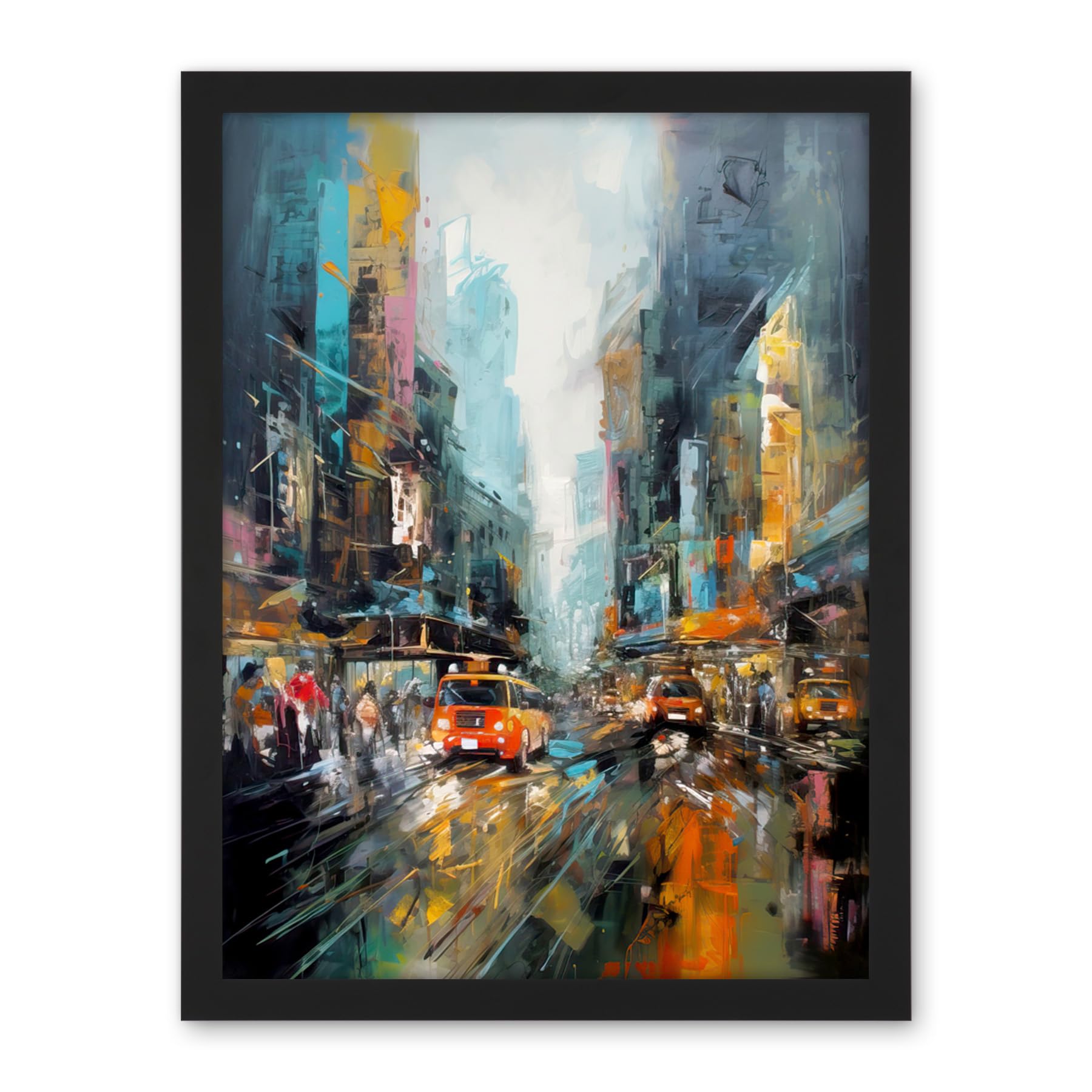 Artery8 New York City Rainy Day Abstract Action Cityscape Artwork Framed Wall Art Print 18X24 Inch